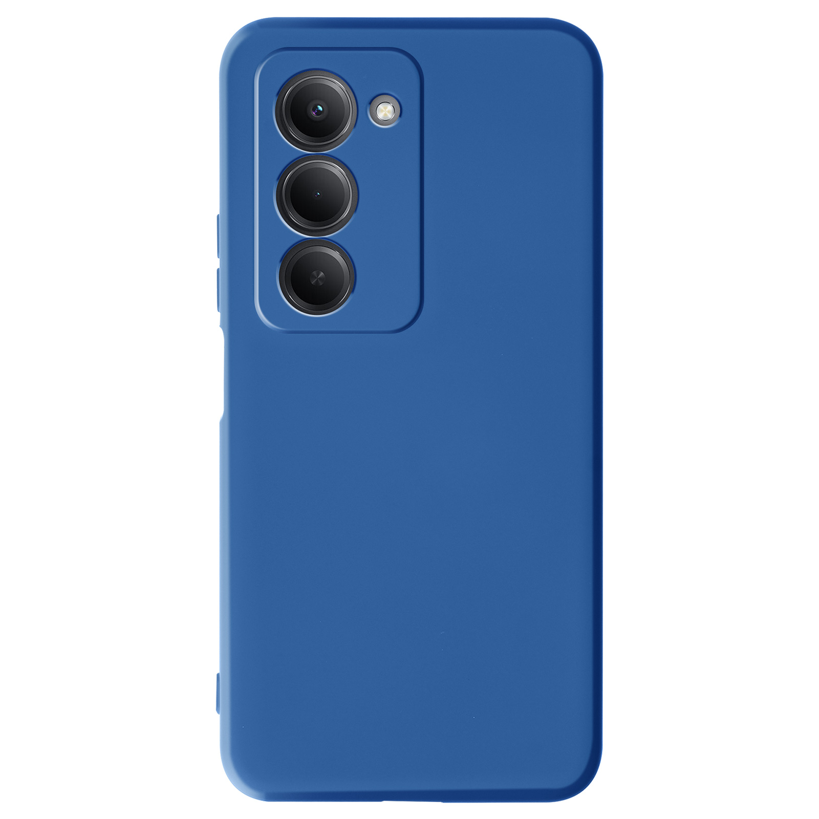 Blauw telefoonhoesje met drie cameralenzen en flitser.