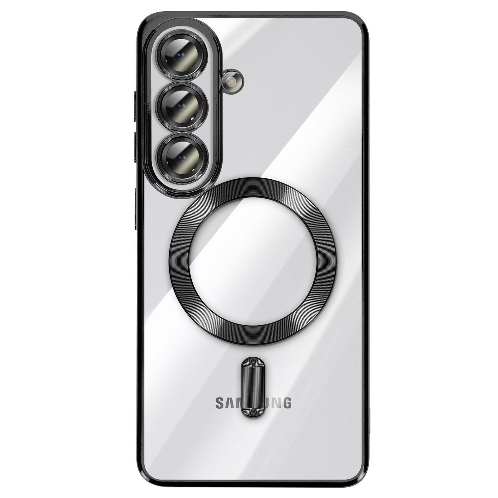 Een doorzichtige telefoonhoes met drie camera's, een magneetring en een Samsung-logo.