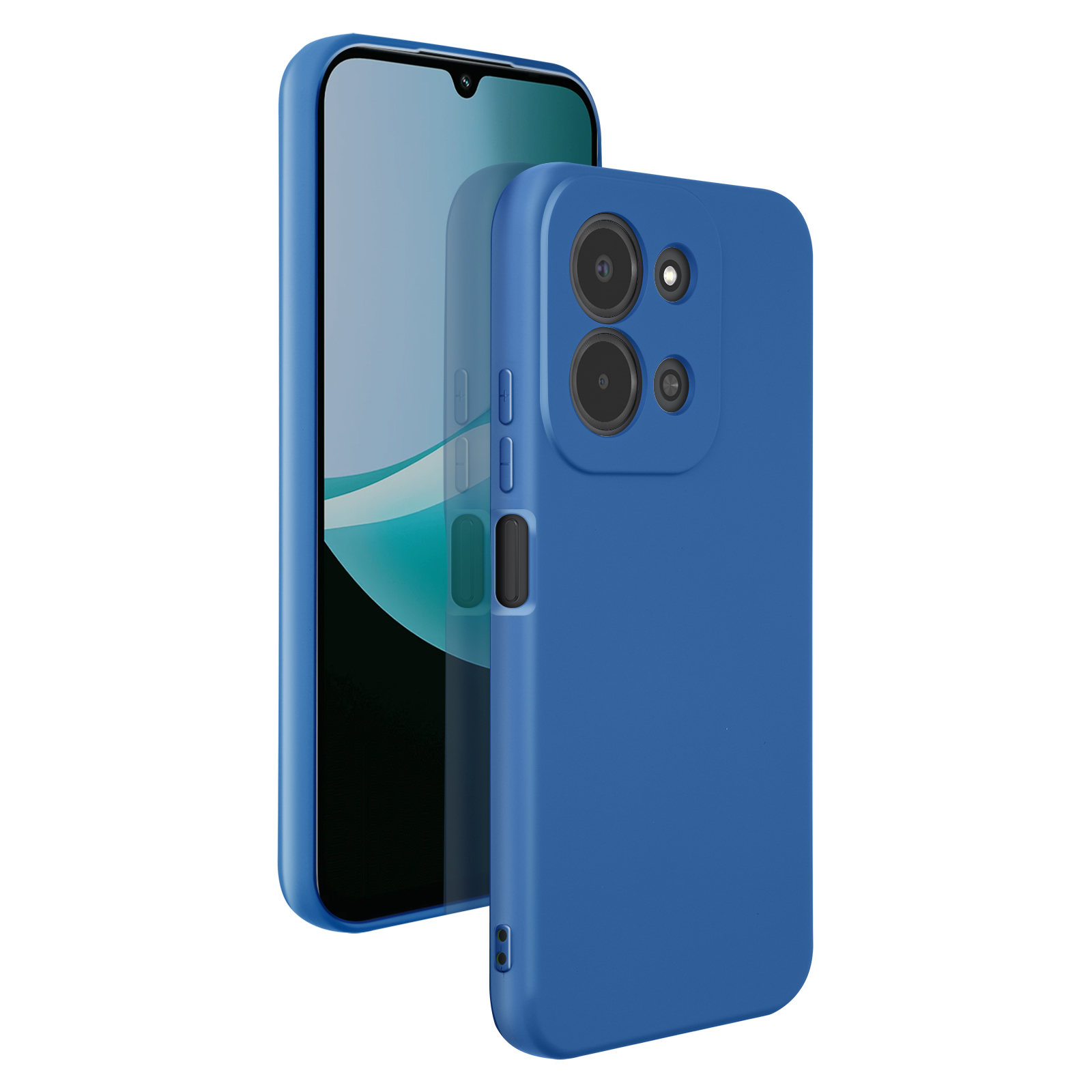 Een blauwe smartphone met hoes en twee camera's.