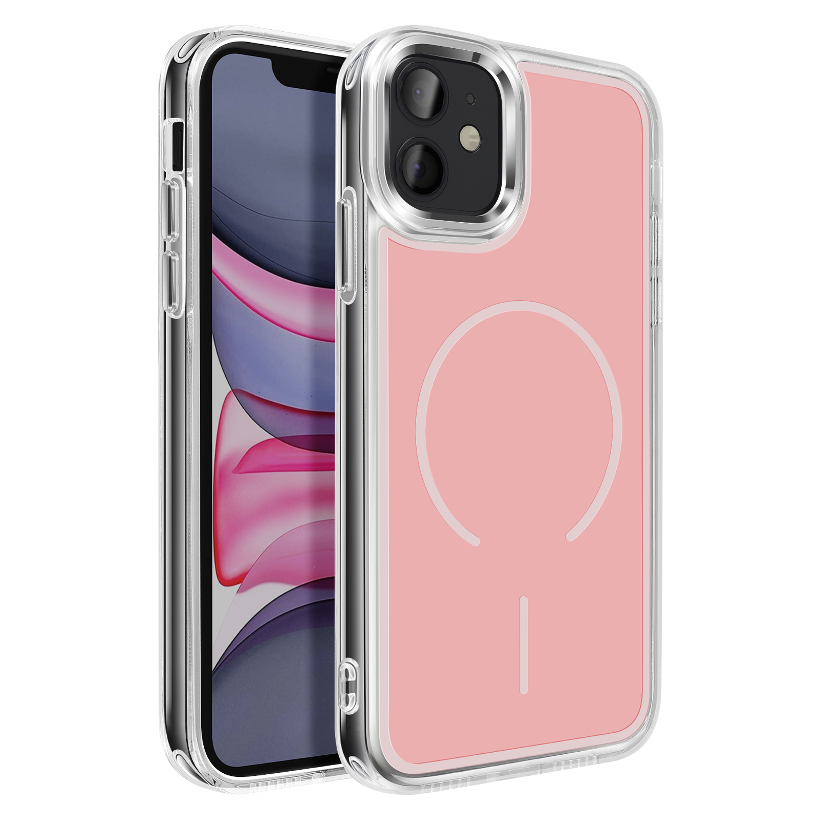 Un iPhone rose dans un étui transparent à bordure argentée. L'écran est visible.