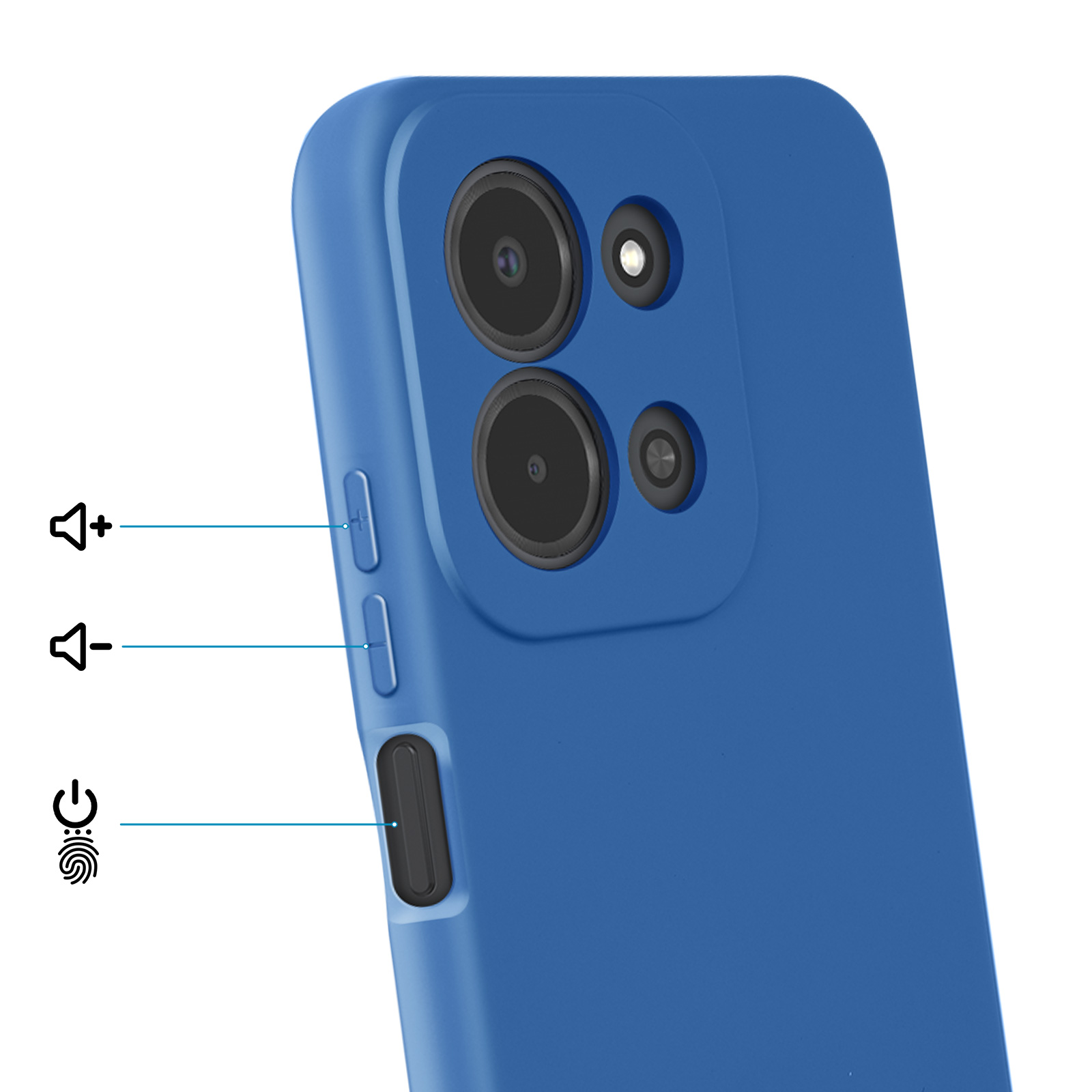Blauw telefoonhoesje met camera's en knoppen. Volume- en aan/uitknoppen.