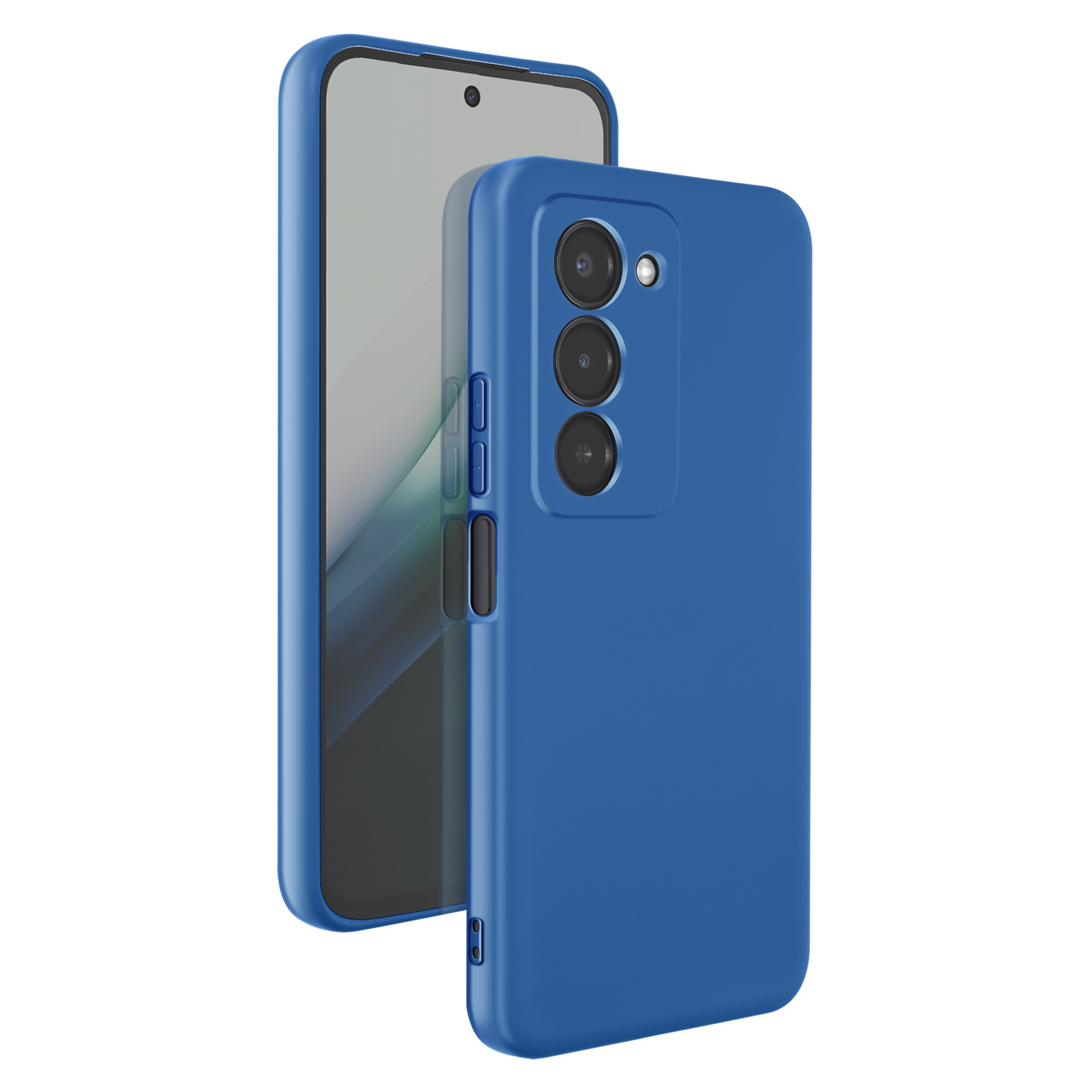 Een blauwe telefoonhoes rust naast een blauwe smartphone met drie camera's.