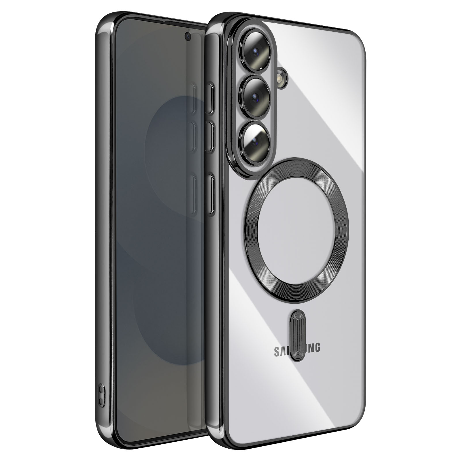 Un téléphone transparent avec cadre argenté et trois caméras.