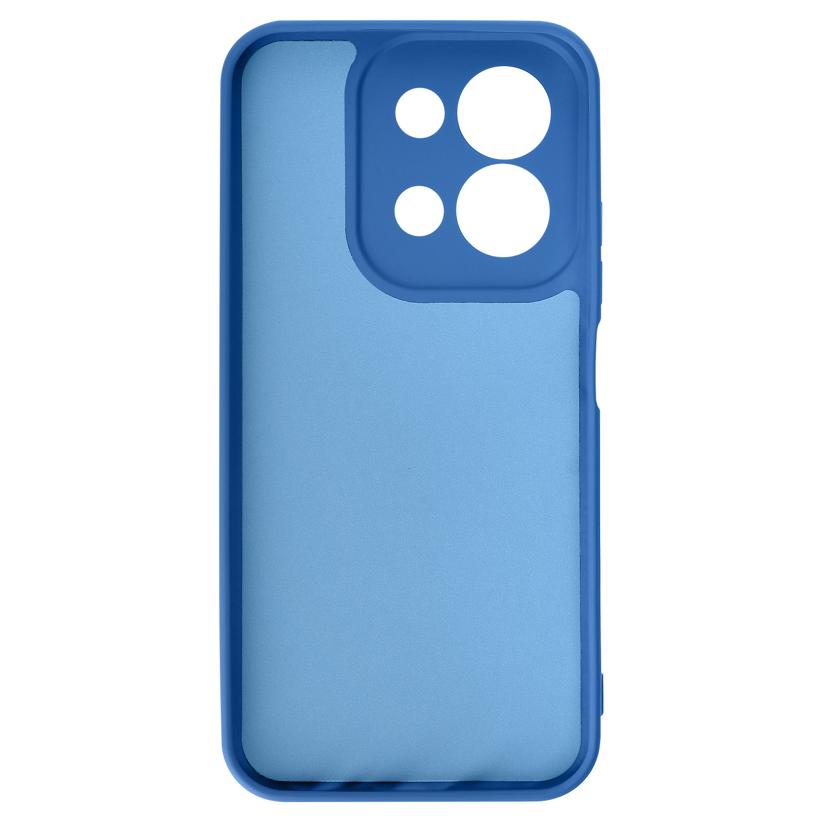 Blauw telefoonhoesje met rechthoekige uitsparing voor camerapaneel.