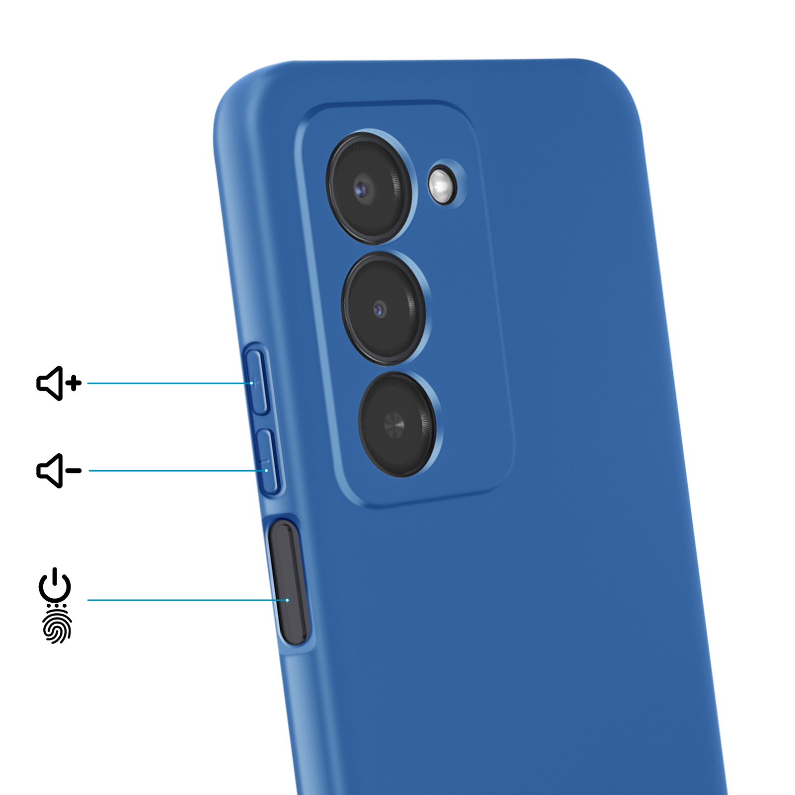 Blauw telefoonhoesje met drie camera's en knoppen.