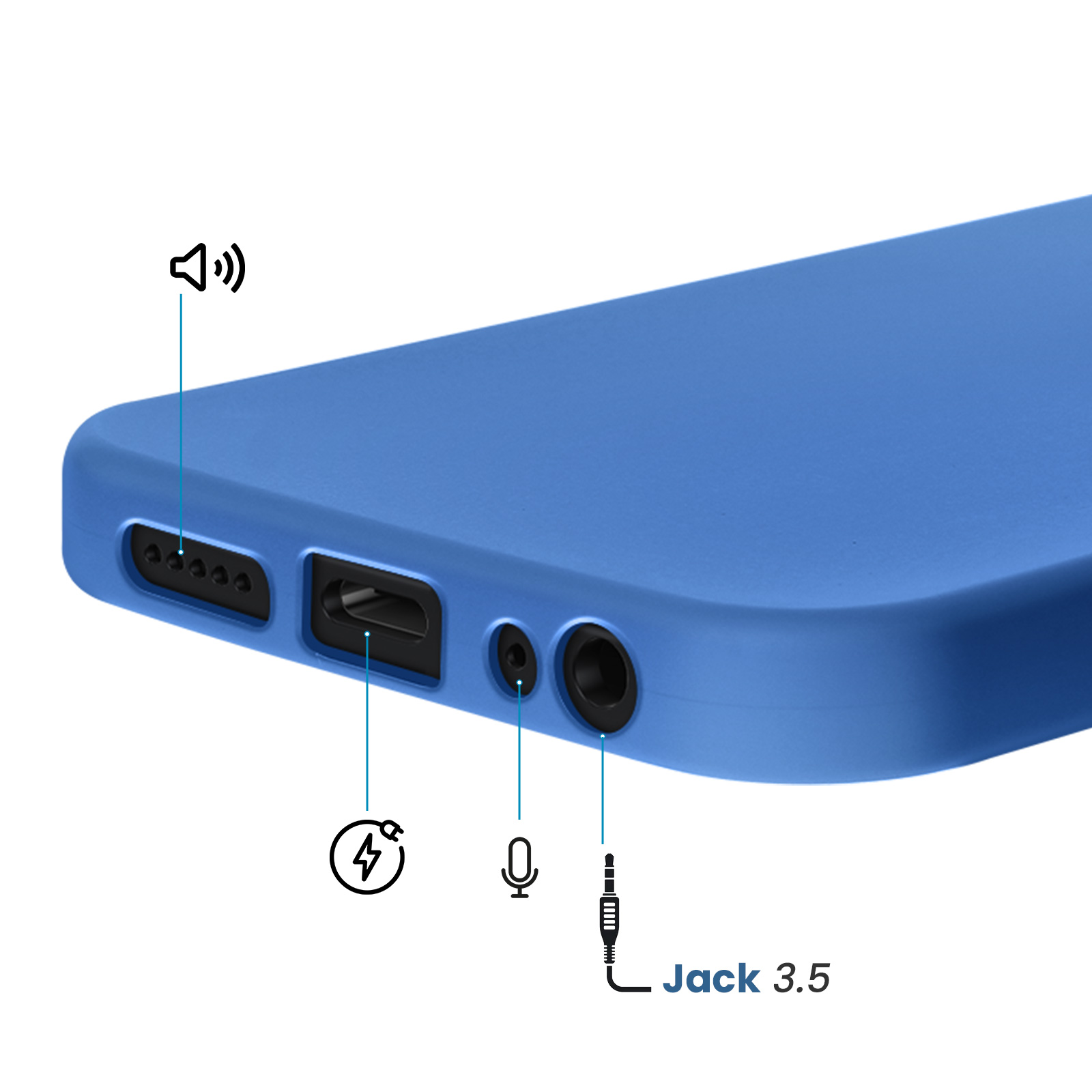 Blauwe telefoonhoes met poorten: luidspreker, USB-C, microfoon en 3,5 mm jack.