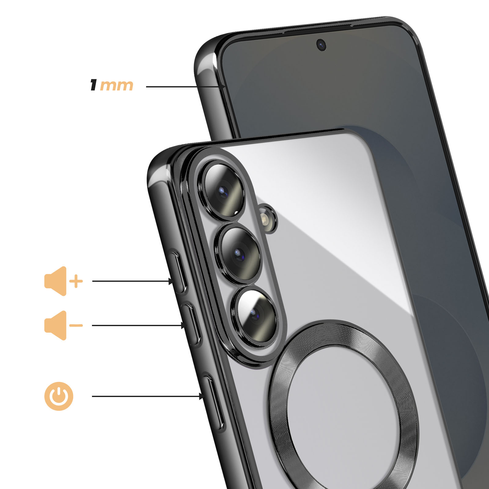 Une coque de téléphone transparente montrant caméras et boutons.