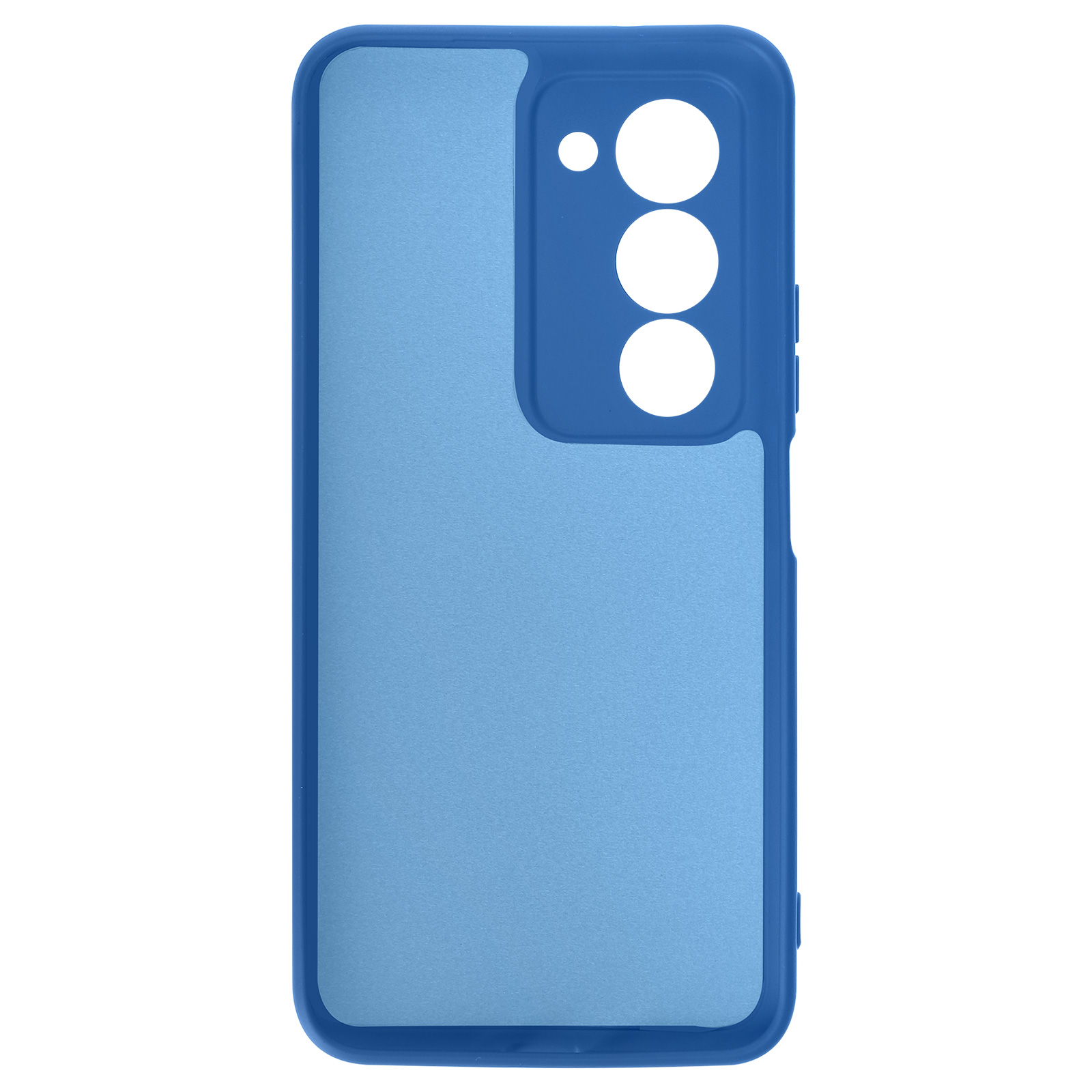 Een blauwe telefoonhoes met uitsparingen voor drie camera's en flitser.