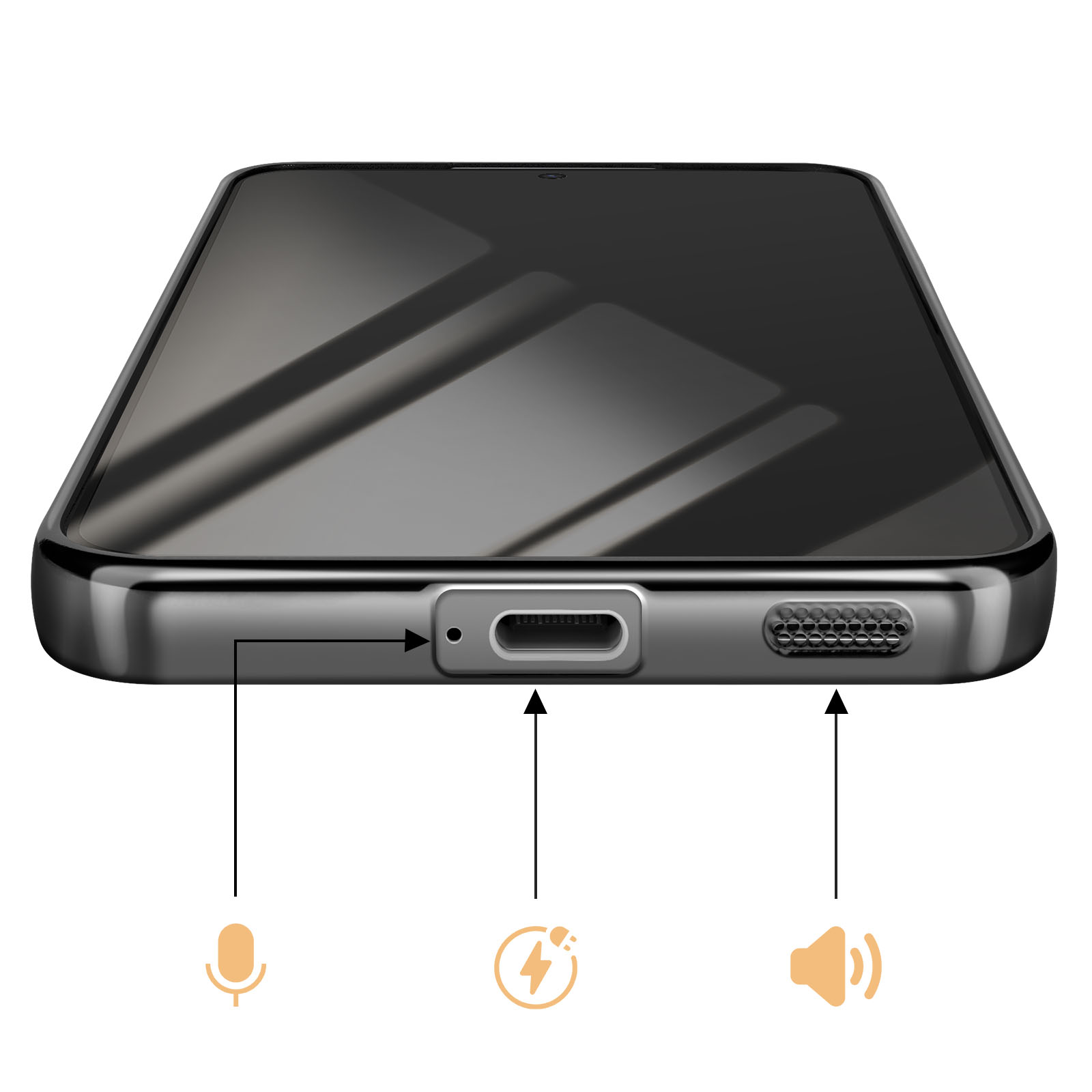 Gros plan du bord inférieur d'un smartphone montrant le port de charge, le micro et le haut-parleur.