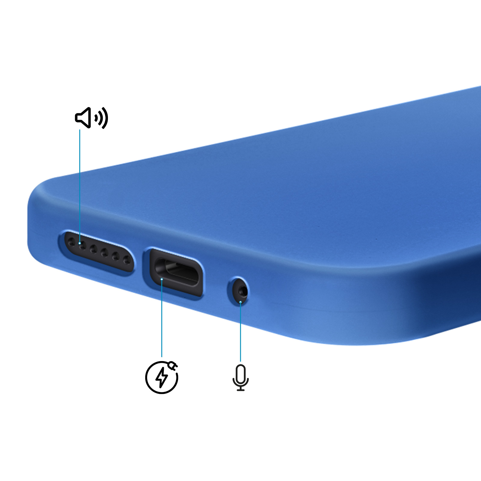 Close-up van de onderkant van een blauwe hoes met poorten voor opladen, microfoon en luidspreker.
