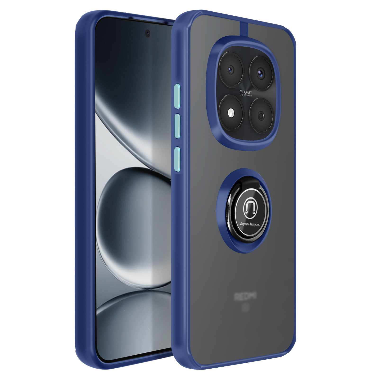 Una custodia blu per telefono con anello porta anello e quattro fotocamere.