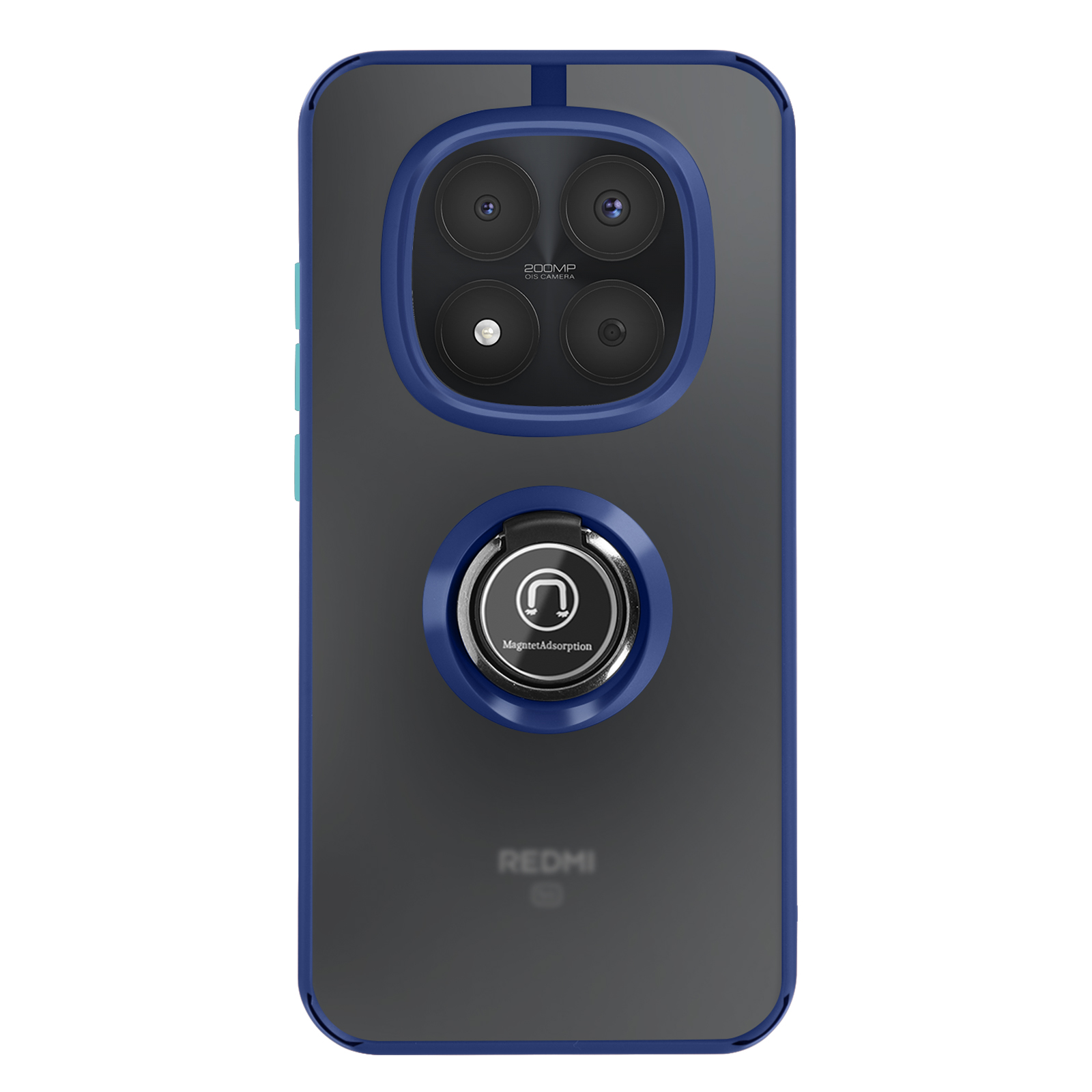 Retro di un telefono blu con quattro fotocamere e un anello magnetico.