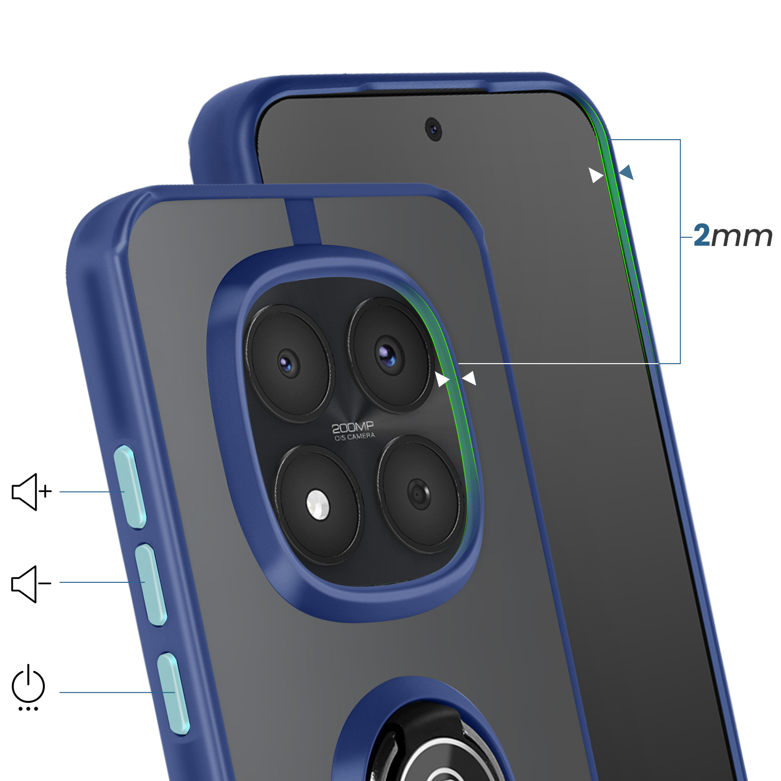 Una custodia blu per telefono con quattro fotocamere e bordo da 2mm.