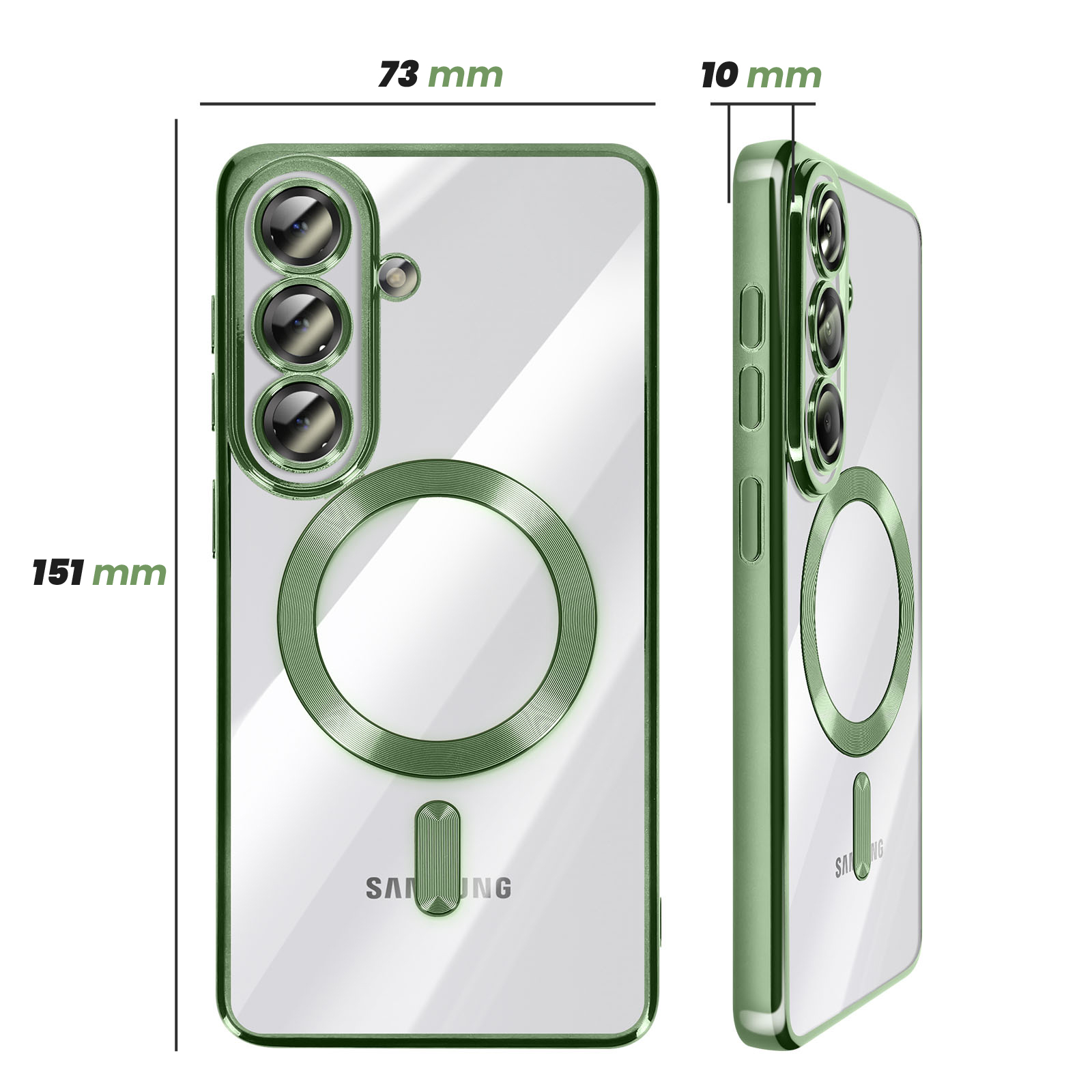 Doorzichtbare telefoonhoes met groene accenten, met drievoudige camera's.