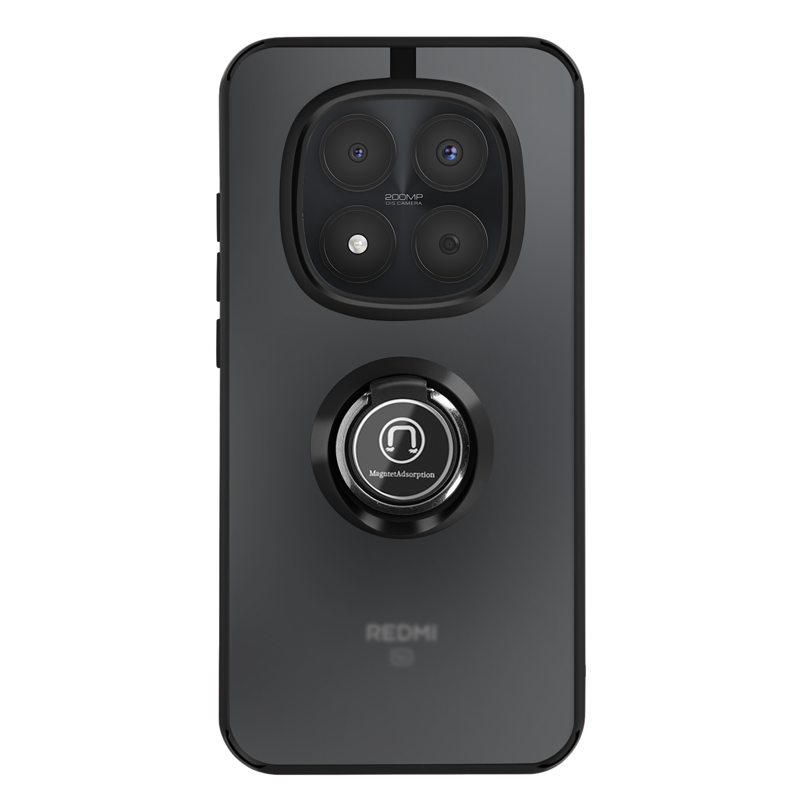 Una custodia nera per smartphone Redmi con un modulo fotocamera circolare che ospita quattro obiettivi e un supporto ad anello magnetico.