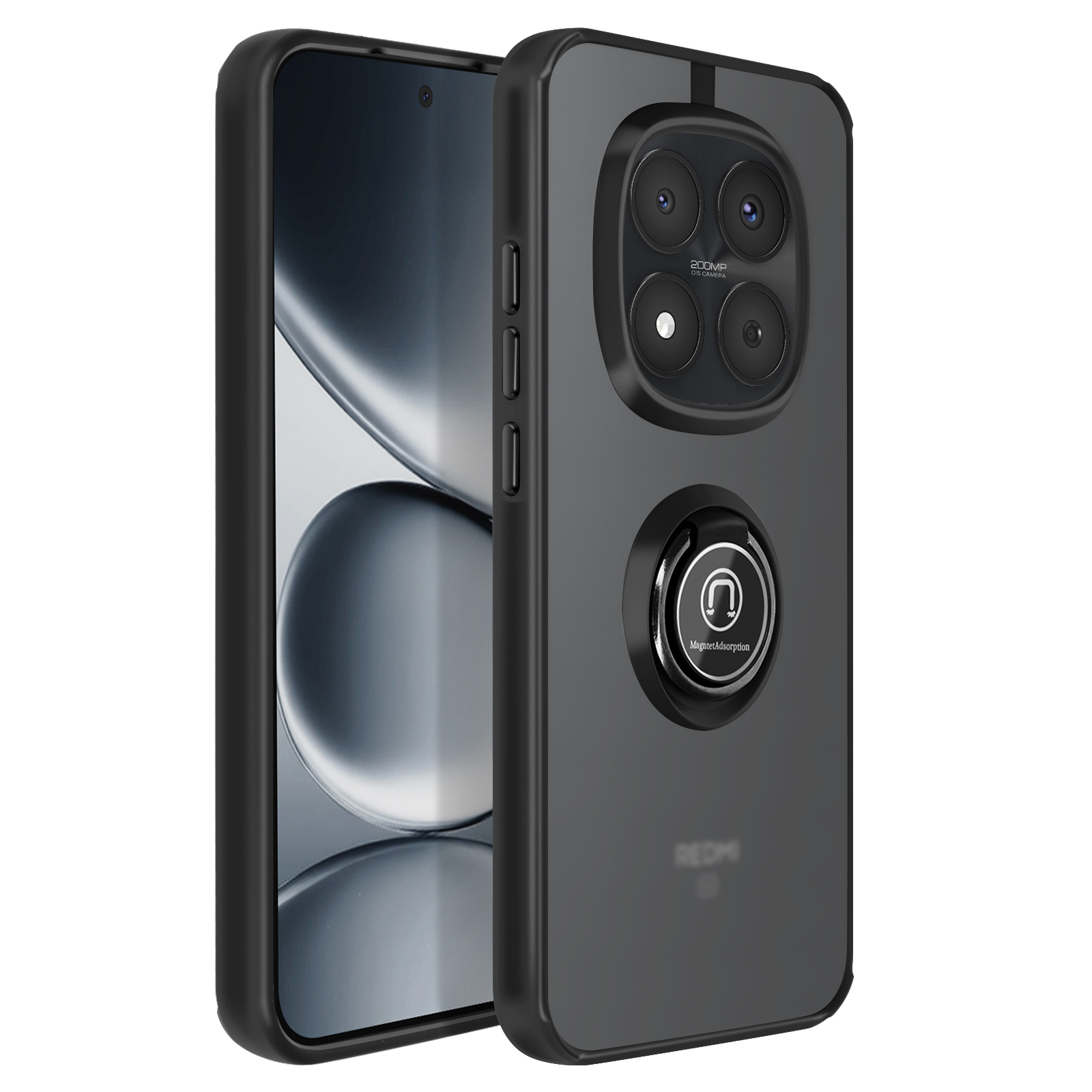 Una custodia nera per telefono con anello sul retro e configurazione a quattro fotocamere.