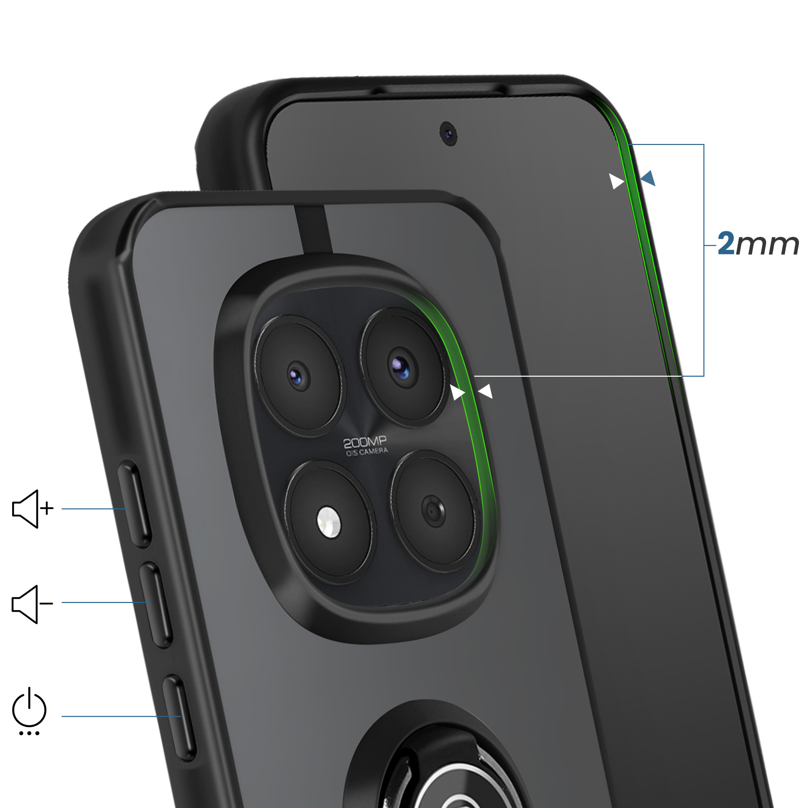 Custodia nera per telefono con fotocamera da 200MP, pulsanti volume e bordo da 2mm.