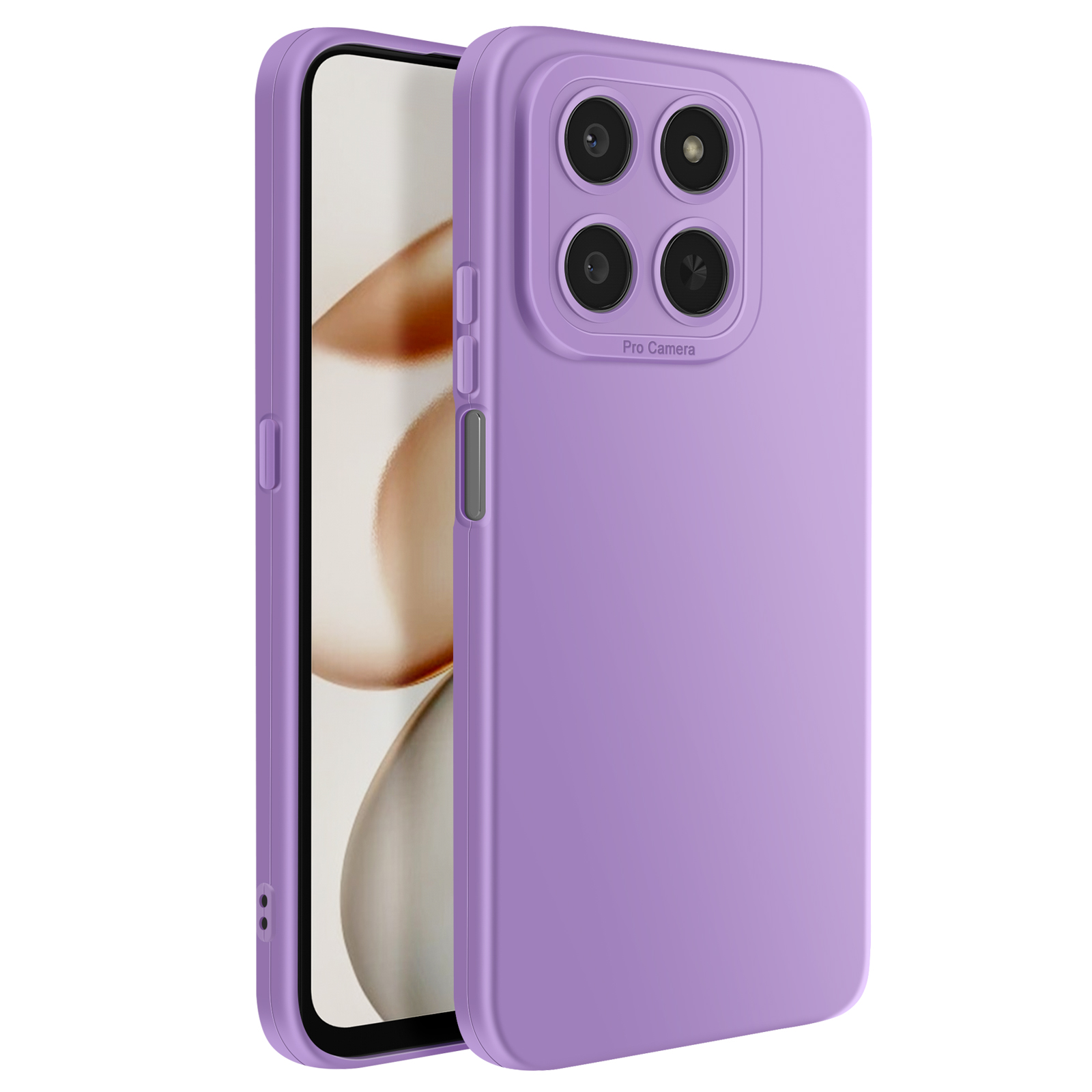 Une coque de téléphone violette avec quatre appareils photo et "Pro Camera".