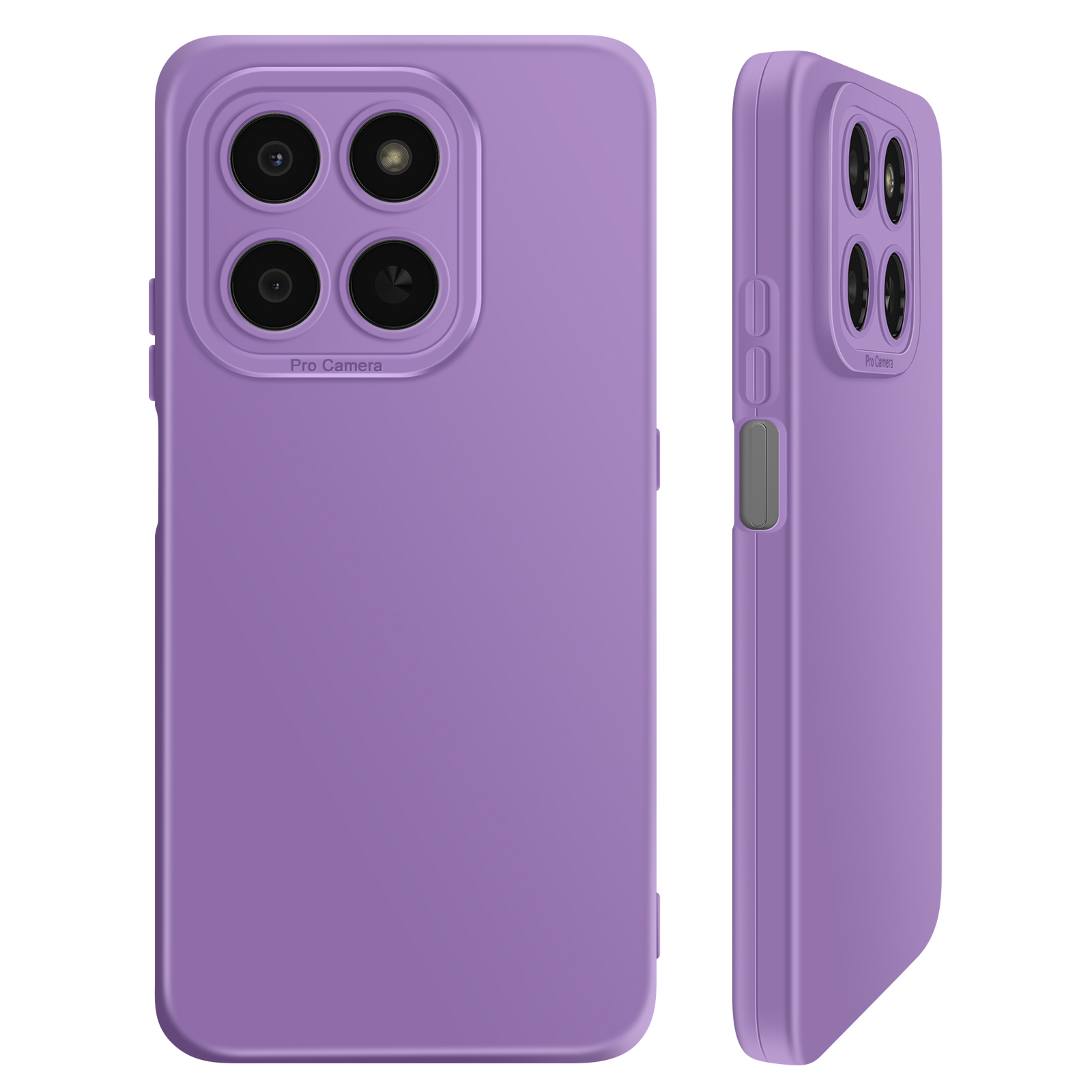 Coque de téléphone violette avec découpe pour quadruple caméra et texte « Pro Camera ».