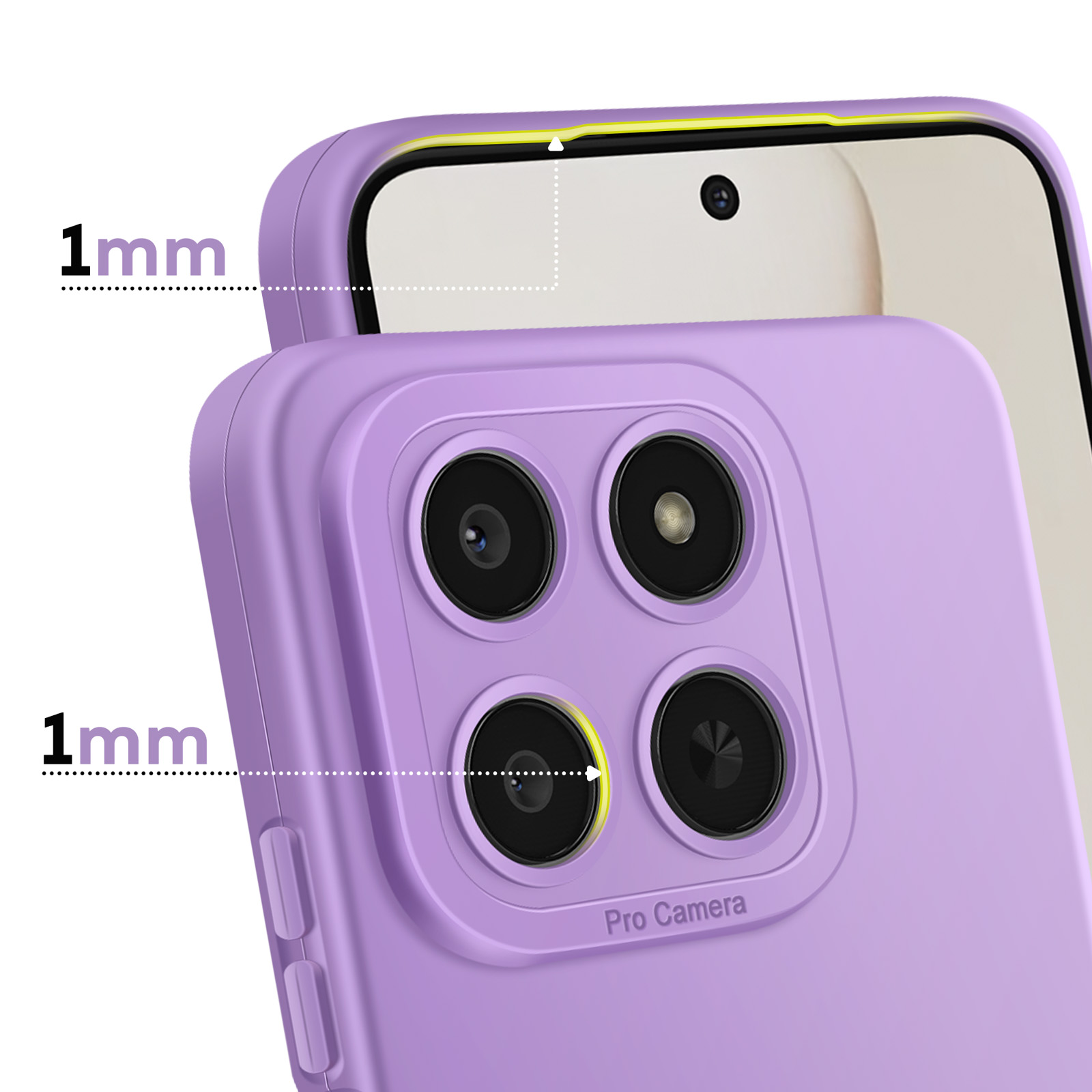 Coque de téléphone violette avec bord surélevé de 1mm et quatre objectifs.