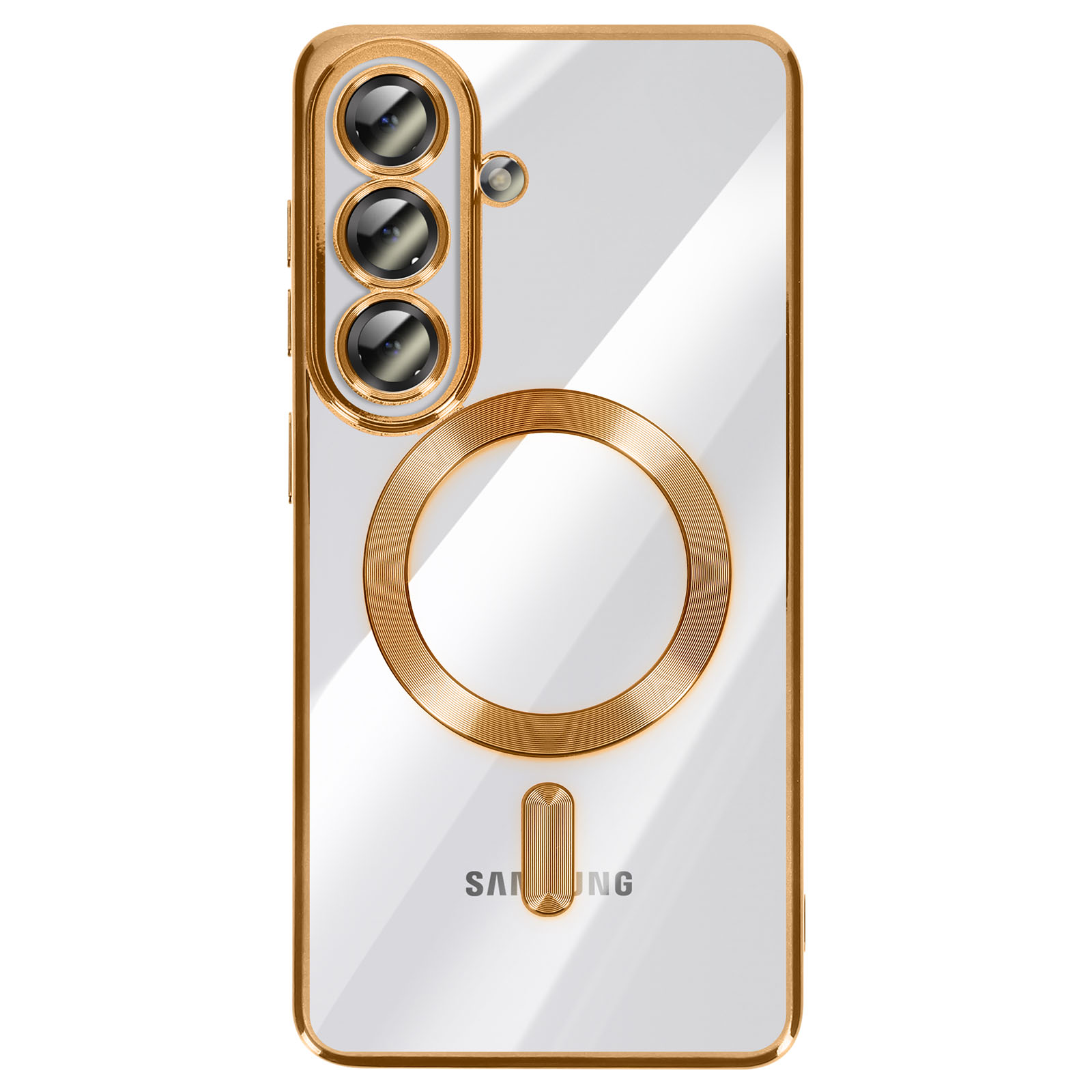 Coque transparente avec bordure dorée, caméras et logo.
