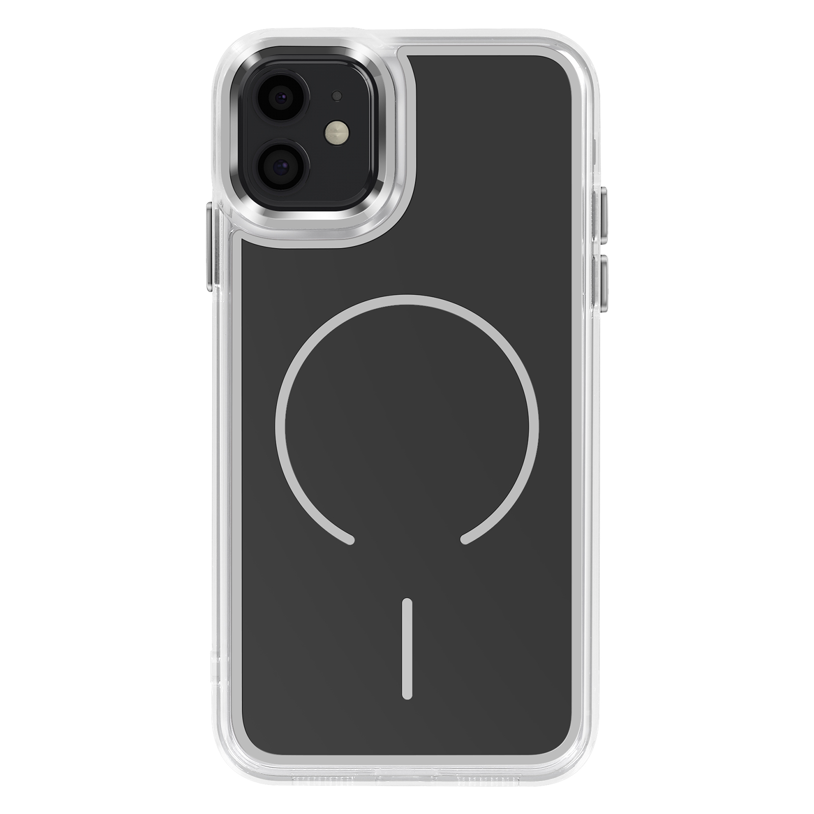 Een doorzichtige telefoonhoes met zwarte achtergrond en cirkelvormig symbool.