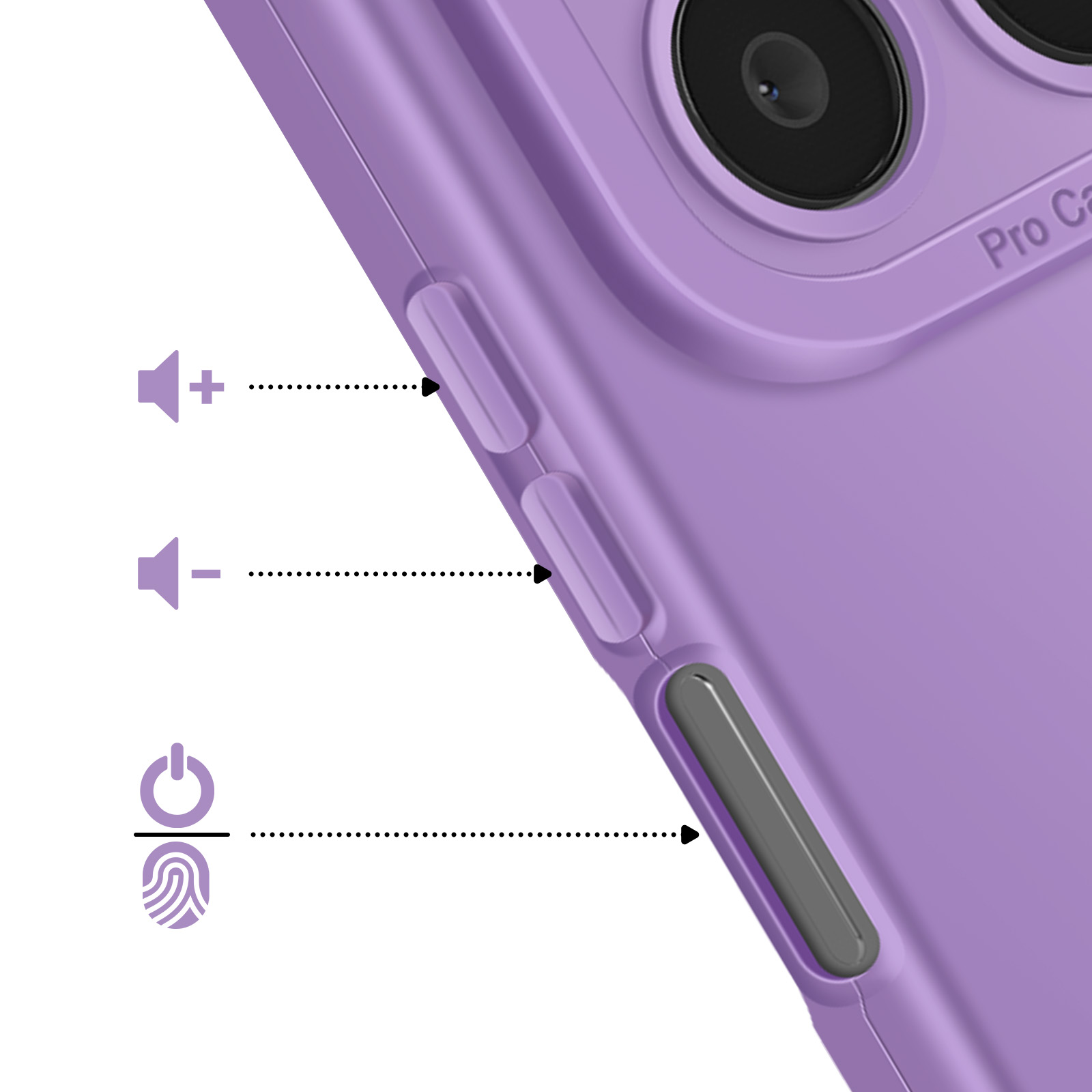 Coque de téléphone violette avec icônes volume, alimentation et empreinte.