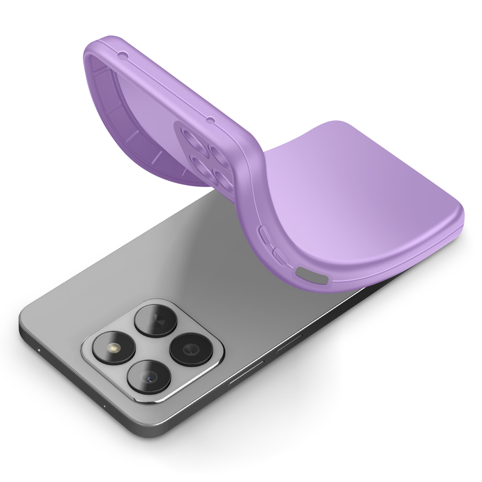 Une coque de téléphone violette posée sur un smartphone argenté.