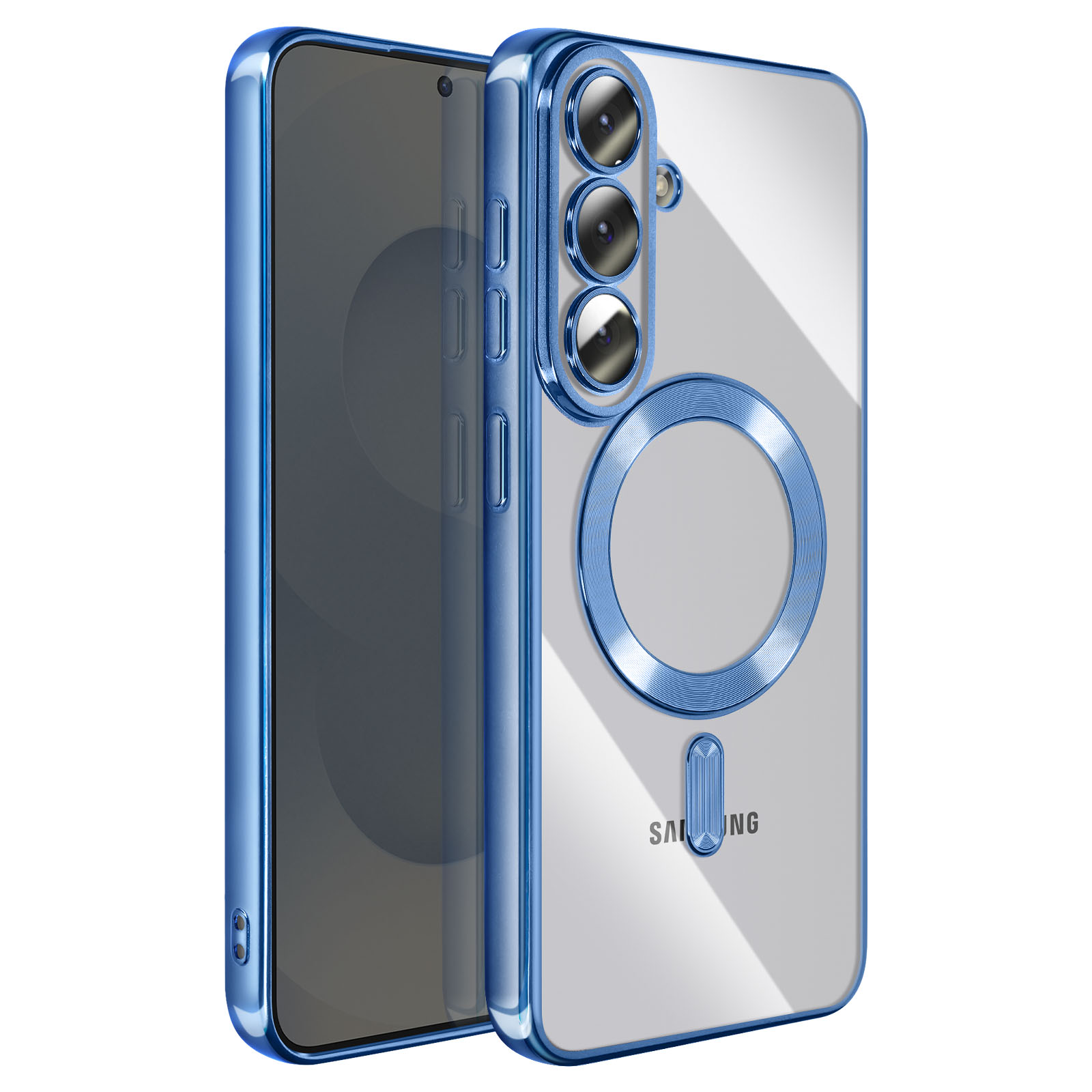 Un smartphone à bordure bleue, dos transparent et lentilles de caméra.