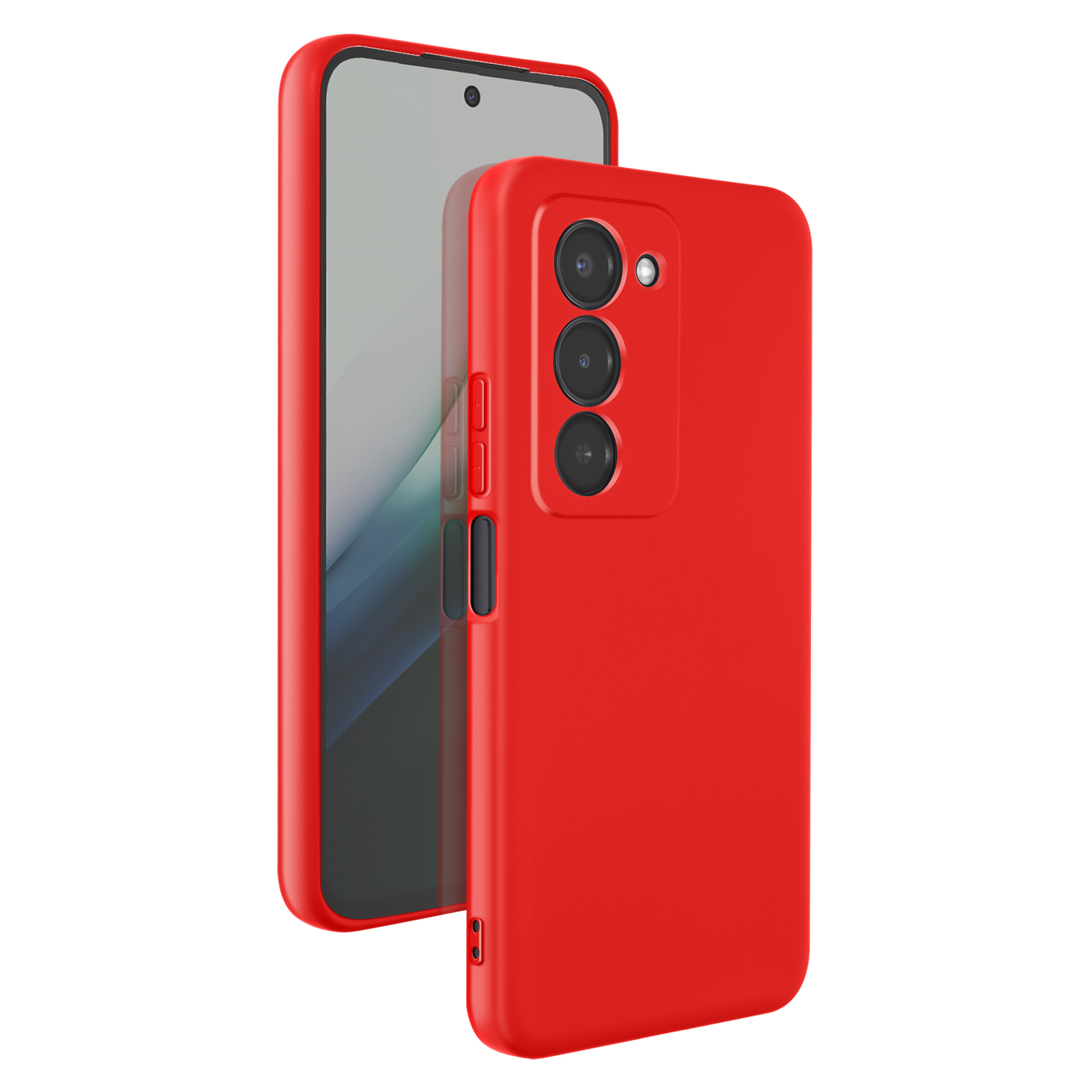 Rode telefoonhoes over een smartphone, close-up.