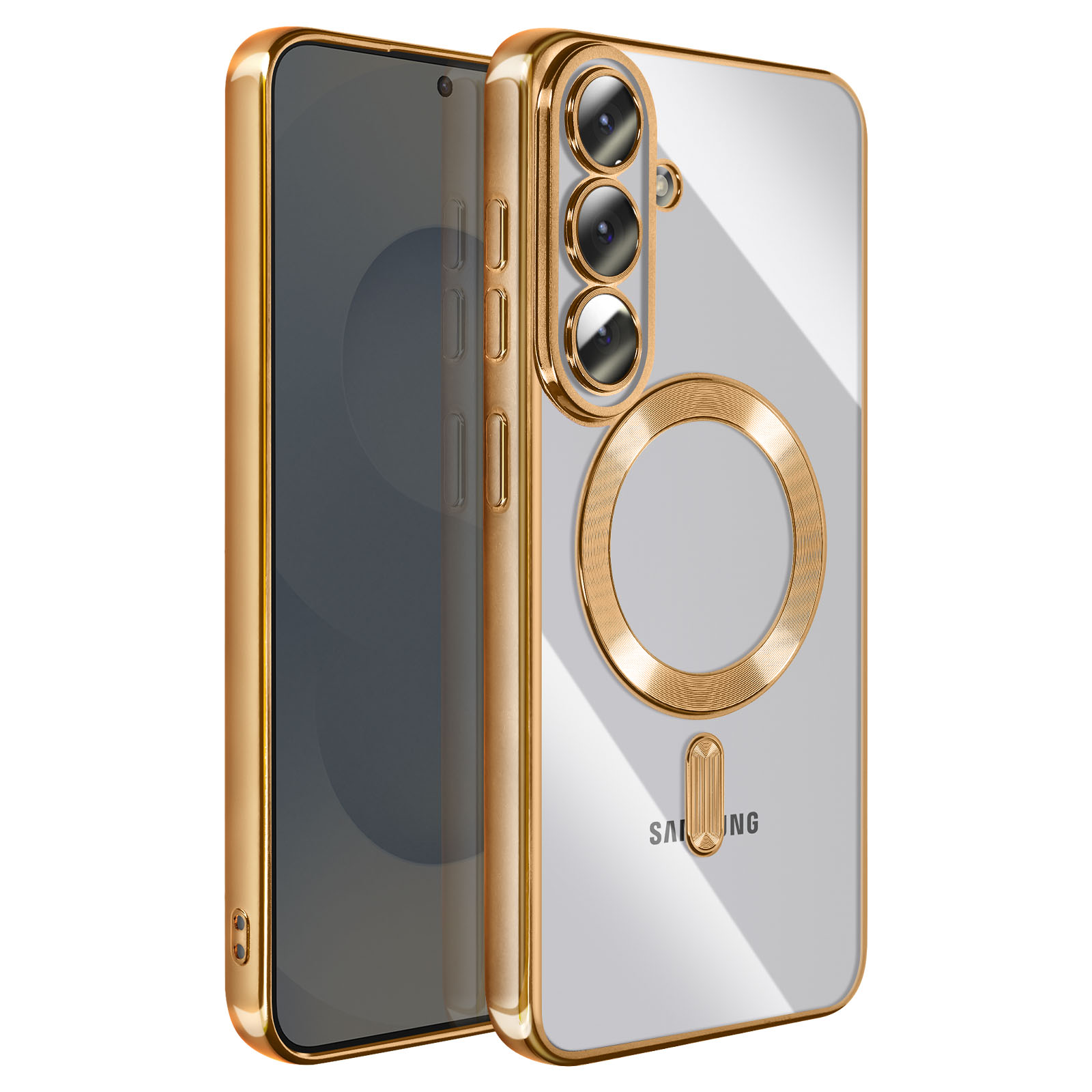 Une coque de téléphone dorée, dos transparent, avec découpe pour appareil photo.
