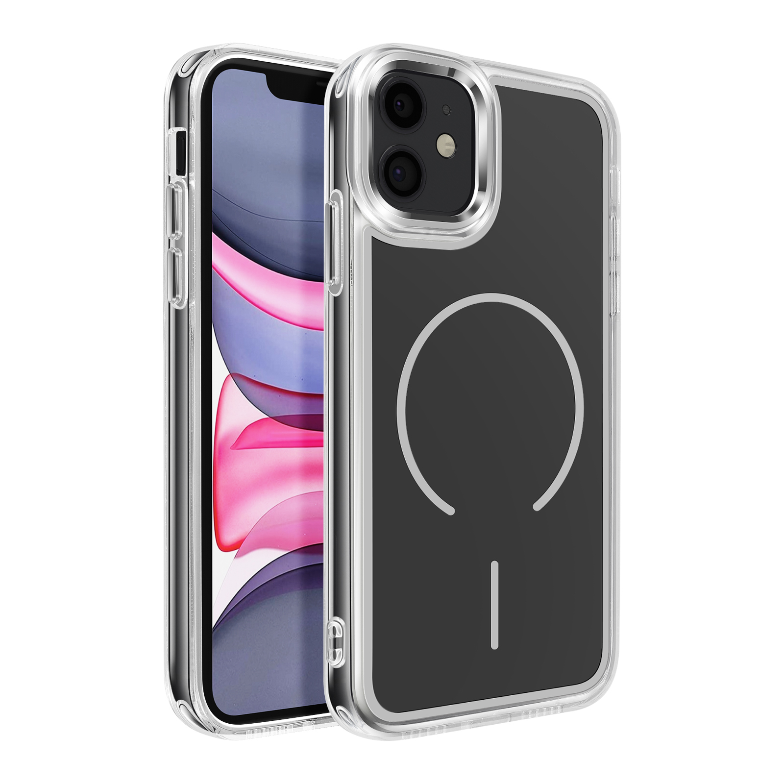 Een doorzichtige telefoonhoes toont een telefoonachterkant met twee camera's en een cirkel.