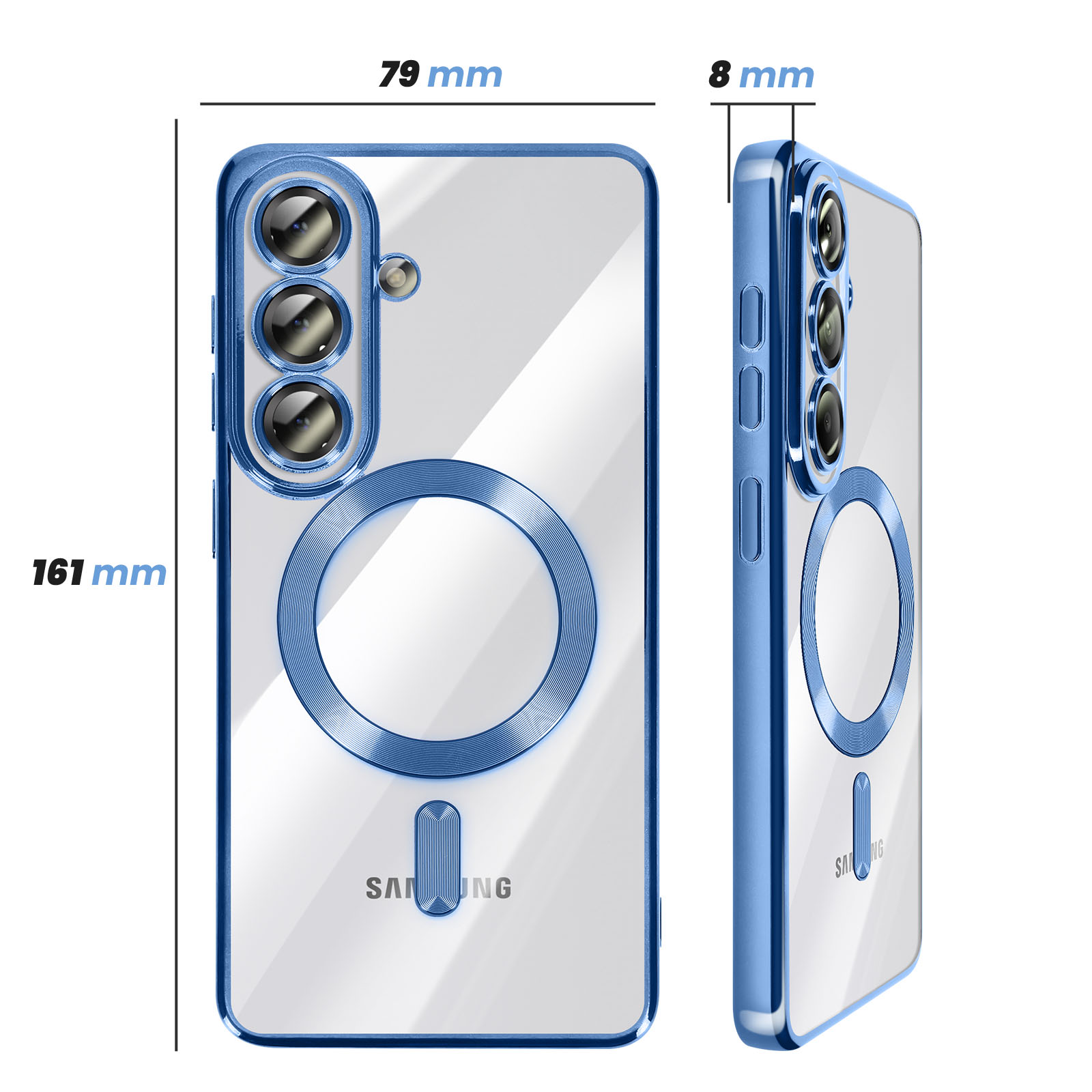 Transparante telefoonhoes met blauwe accenten, camerablok en magneetring.