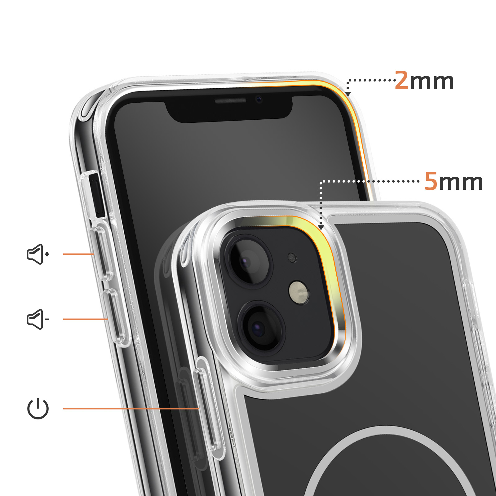 Doorzichtige telefoonhoes met 2mm en 5mm diktemarkeringen, volume- en aan/uitknoppen.
