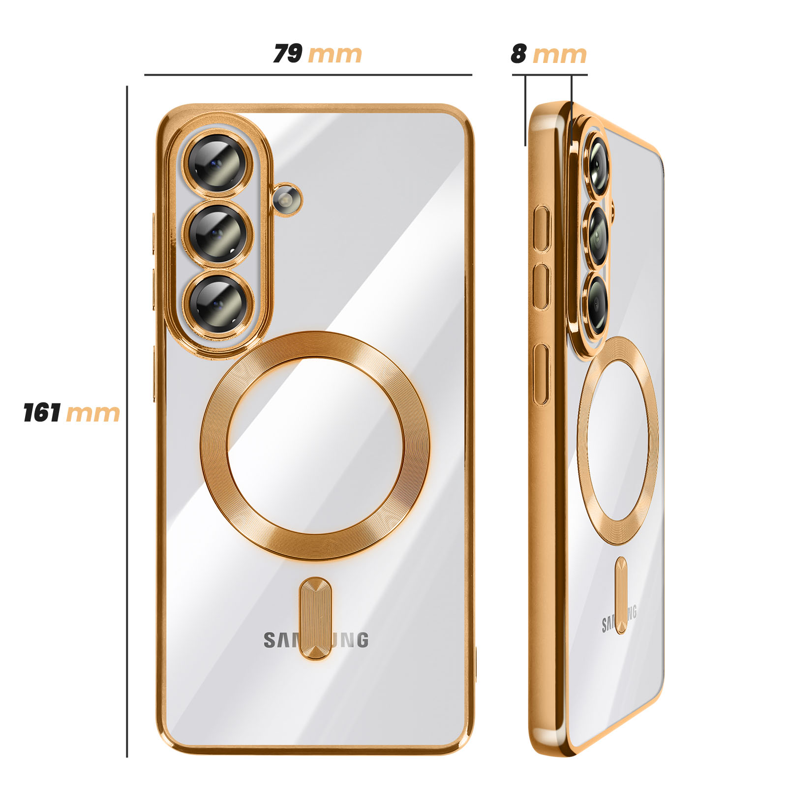 Coque dorée pour smartphone avec trois caméras et anneau magnétique.