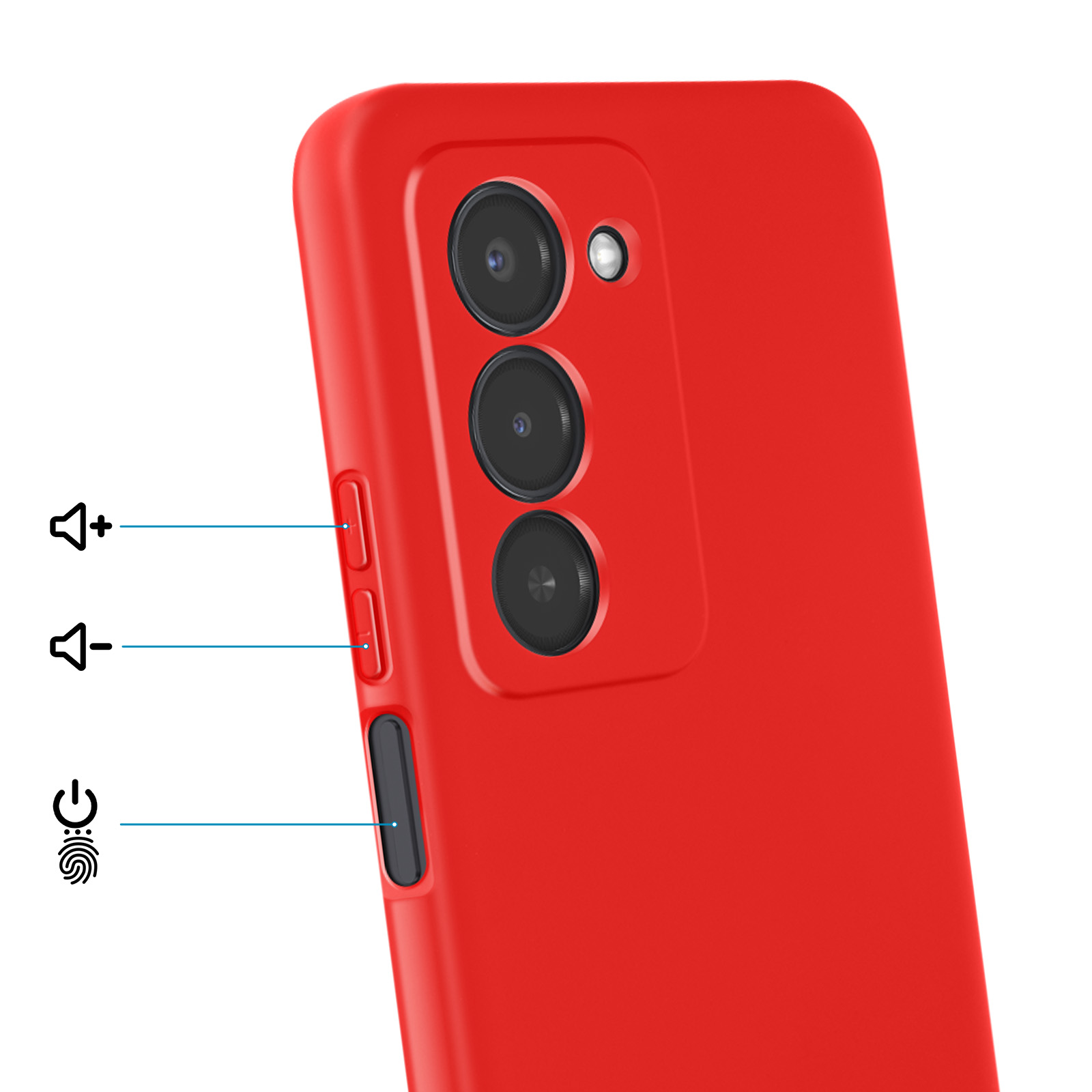 Rode telefoonhoes met drie camera's en gemarkeerde volume- en aan/uitknoppen.