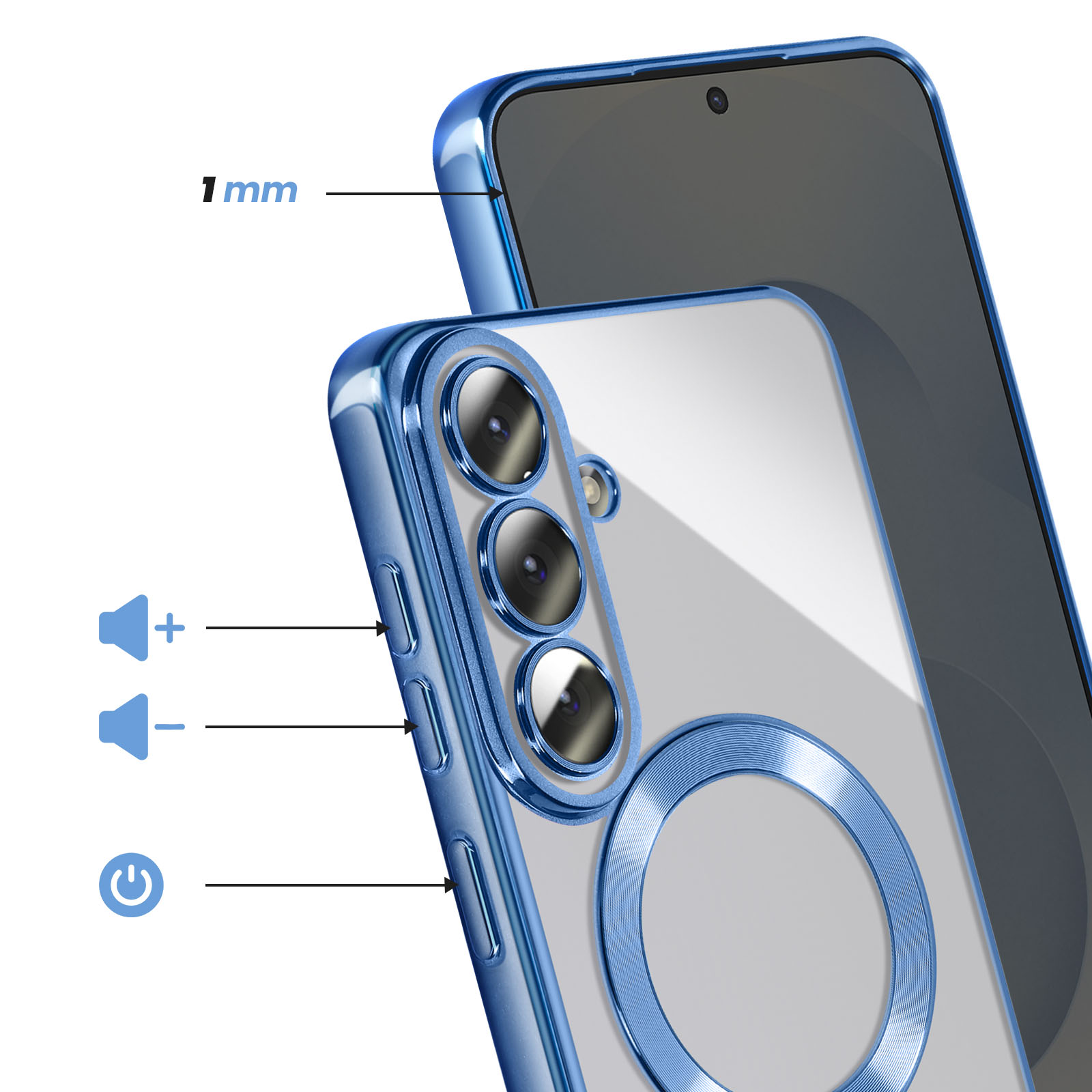 Coque de téléphone bleue avec ouverture caméra, boutons volume et marche/arrêt.