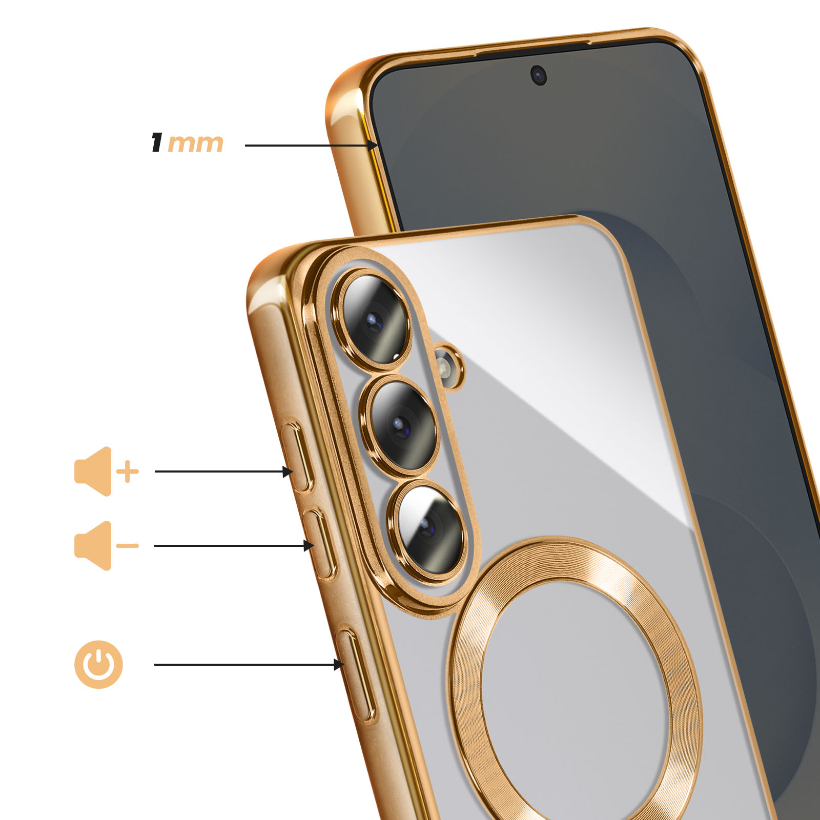 Coque dorée pour téléphone avec 3 caméras et support anneau. Montre 1 mm.