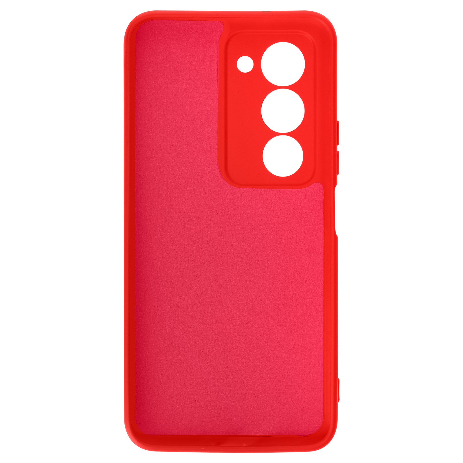 Een felrode smartphonehoes, van achteren gezien, met uitsparingen voor drie cameralenzen en een kleinere ronde flitser.