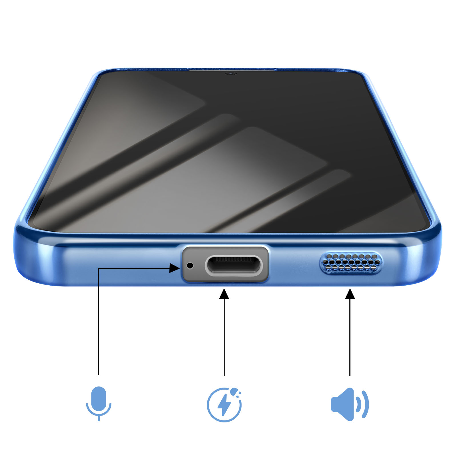 Téléphone bleu avec ports: microphone, port de chargement et haut-parleur.