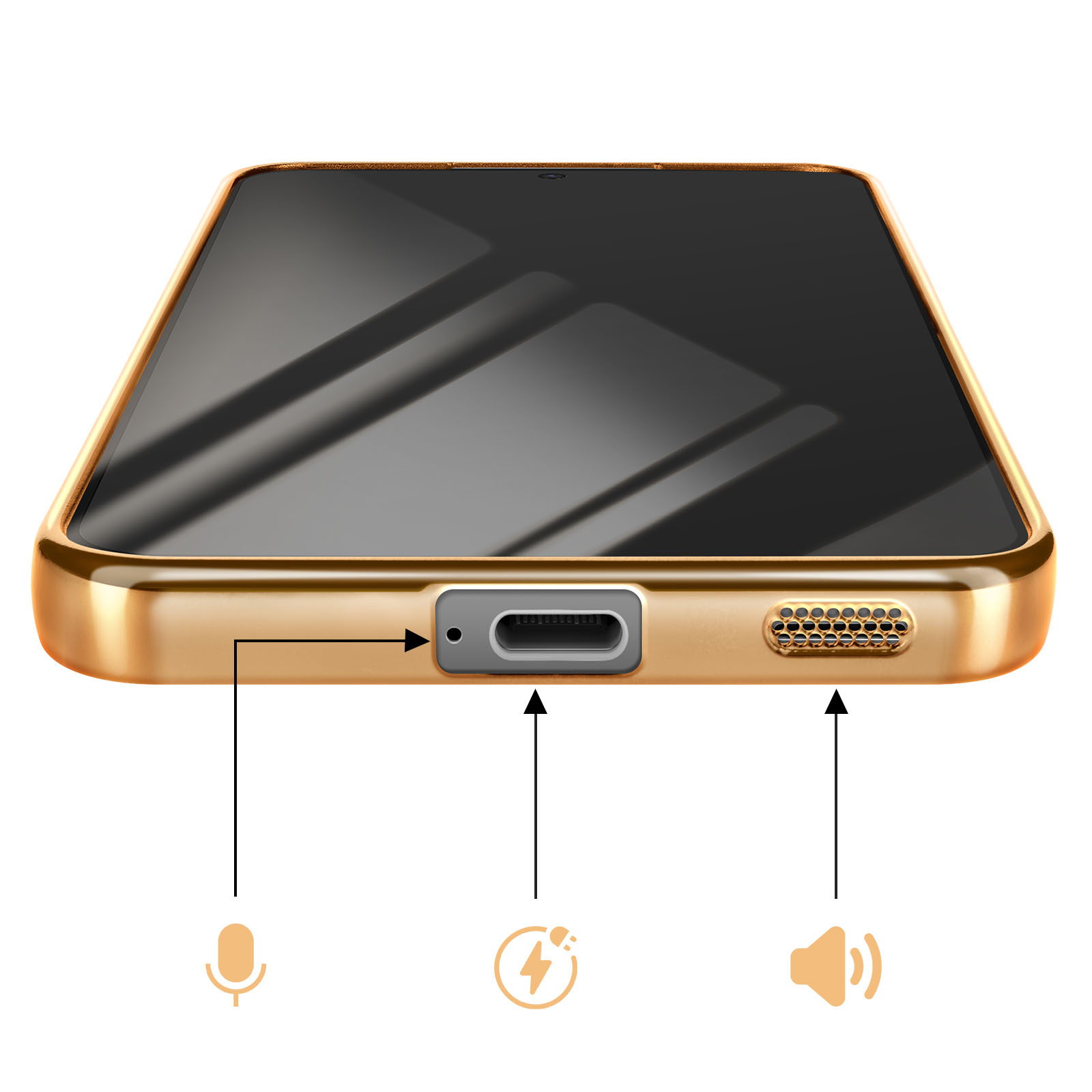 Bord de téléphone doré montrant le port de charge, le microphone et le haut-parleur.