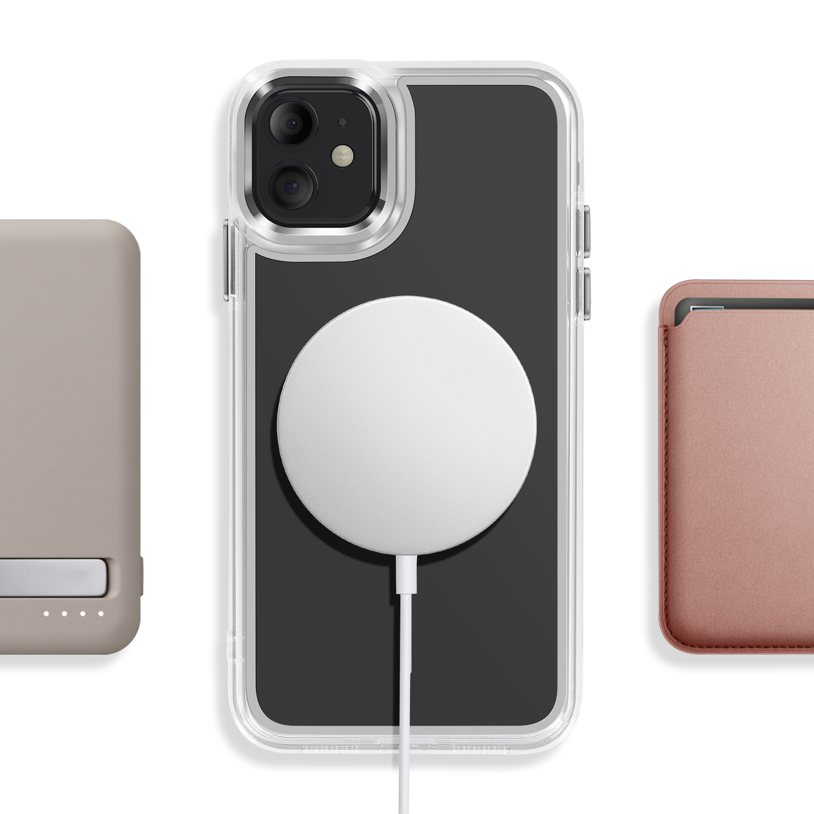 Een telefoon in hoesje met magnetische lader, powerbank en kaarthouder.