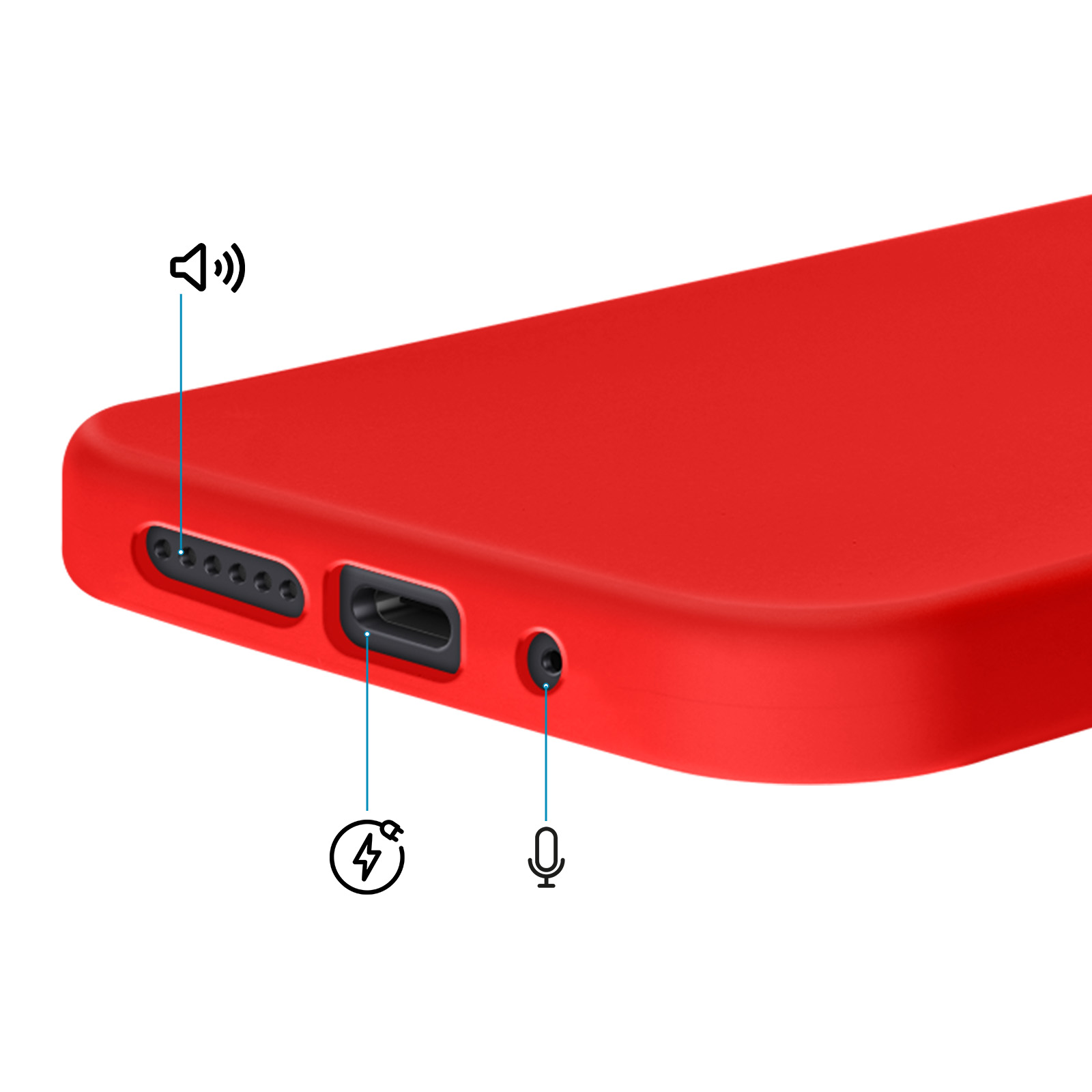 Rode telefoonhoes met luidspreker, opladen en microfoon iconen.