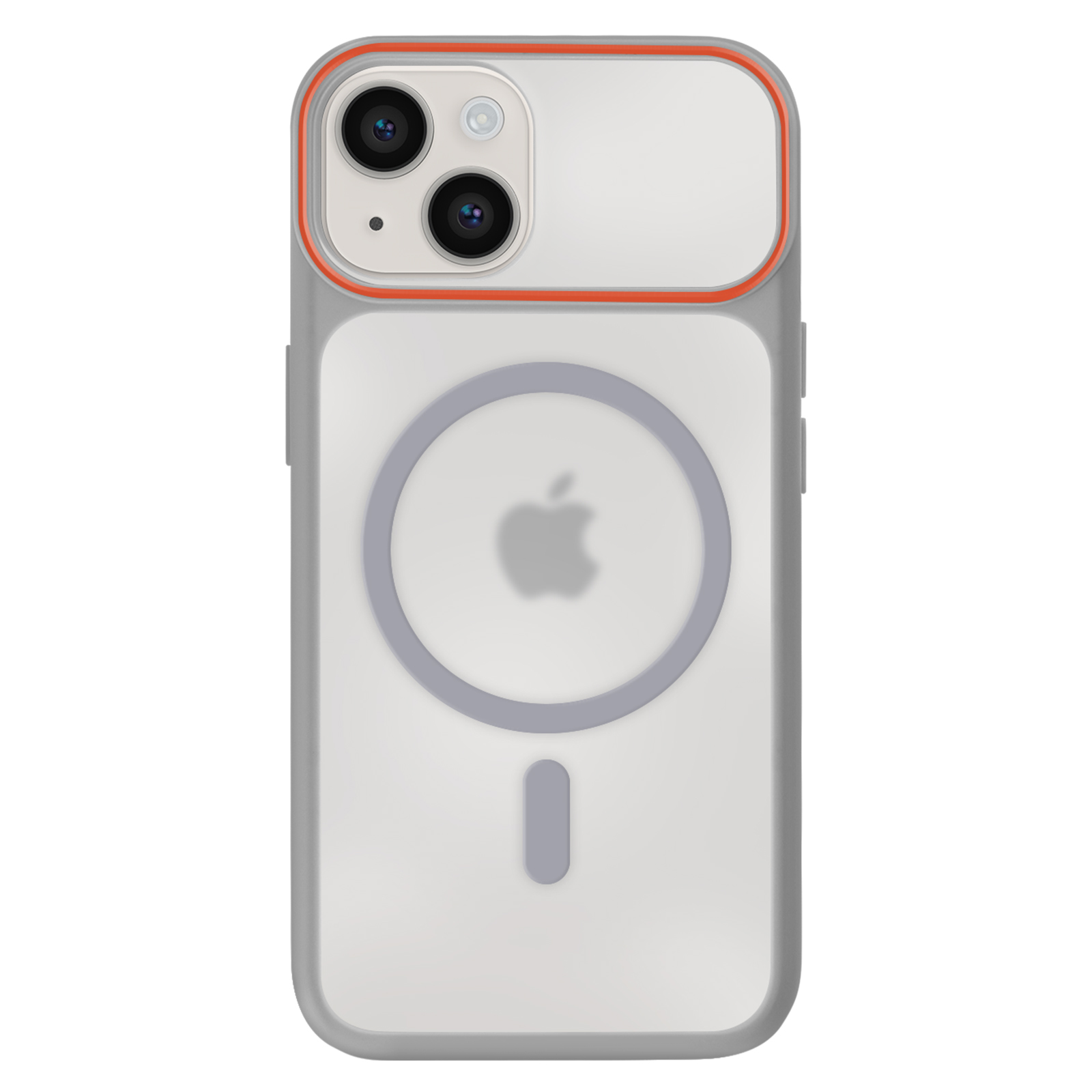 Een doorzichtige telefoonhoes met grijze randen en een oranje accent rond de camera.