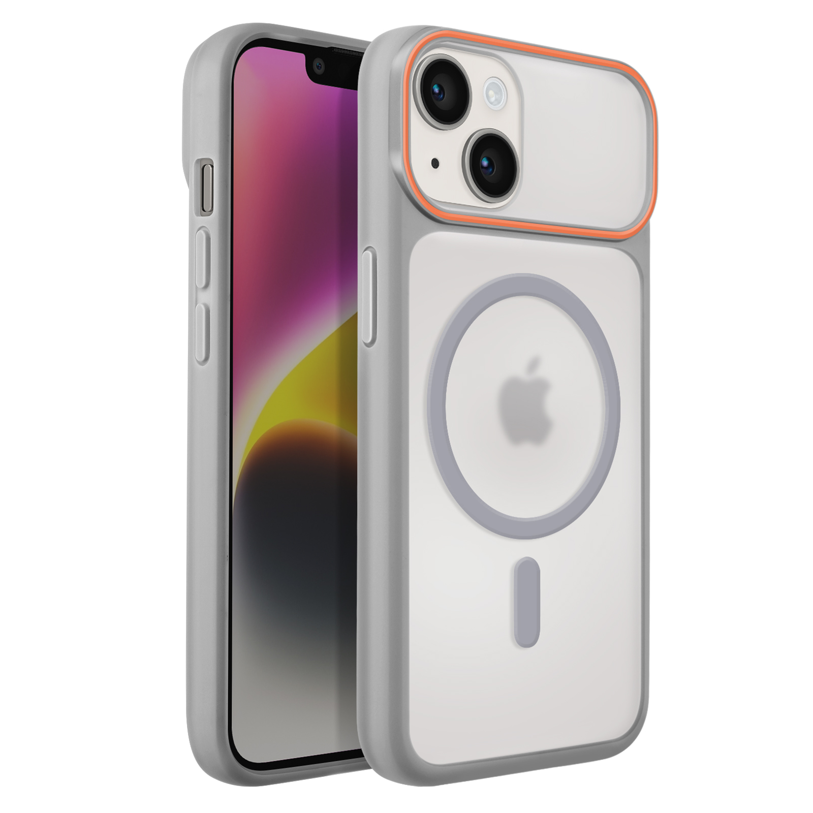 Grijze iPhone case met MagSafe-ring en oranje rand rond camera's.