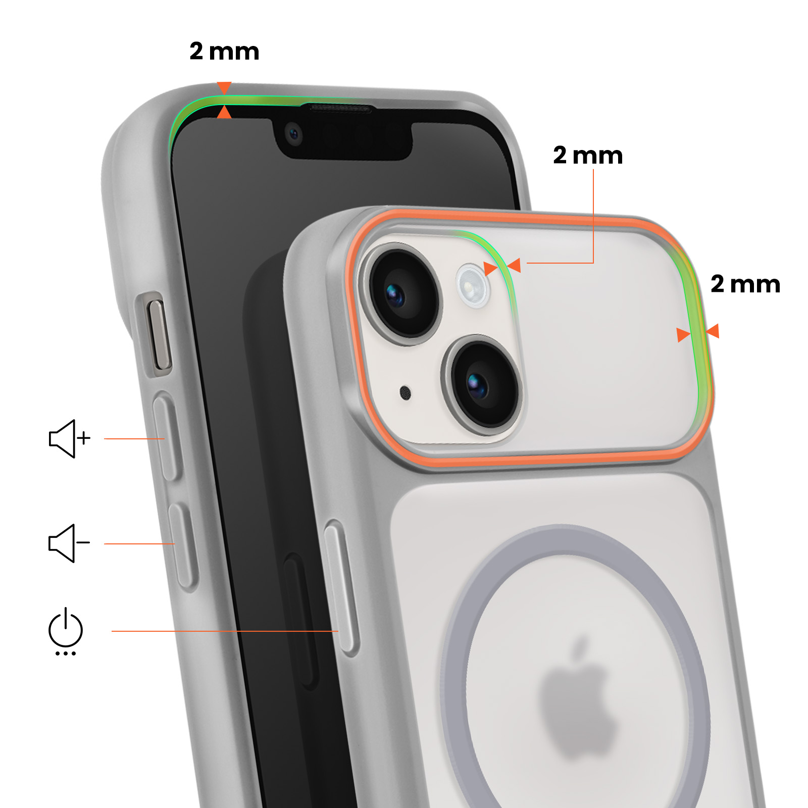 Grijze telefoonhoes met oranje rand, 2mm bescherming, camerapotlood.