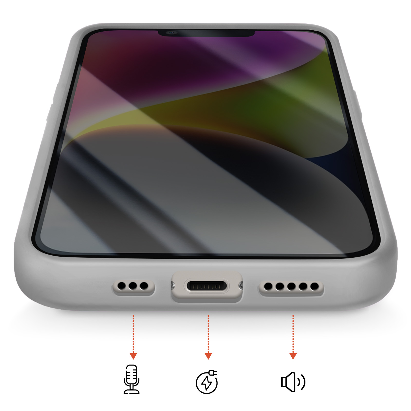 Onderkant van een grijze smartphonehoes met oplaadpoort, microfoon en luidsprekeropeningen.