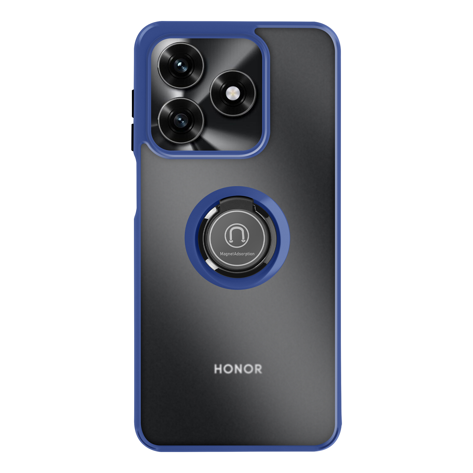 Arrière d'une coque bleue pour Honor avec trois caméras et anneau magnétique.