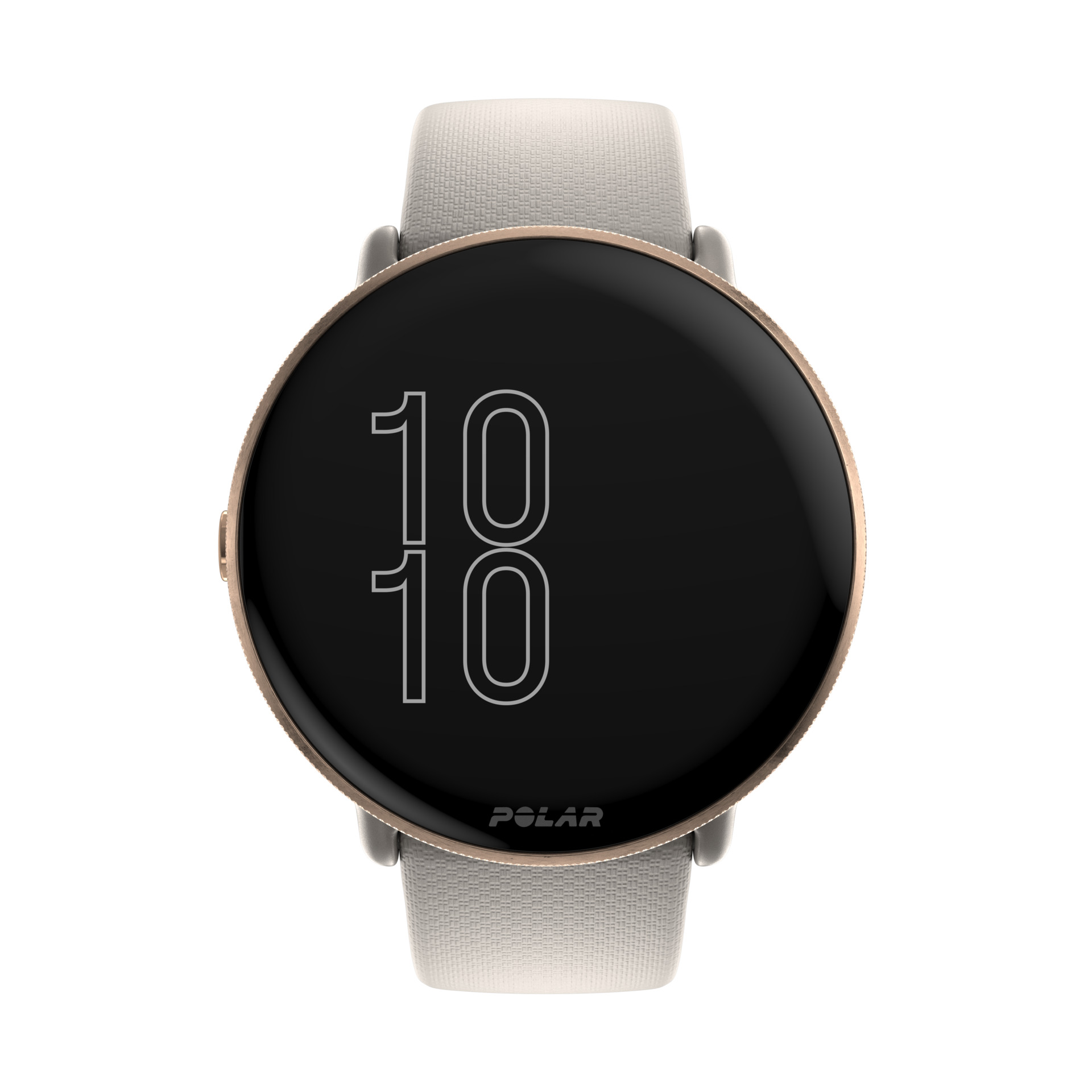 Biały smartwatch z okrągłą tarczą i logo Polar.