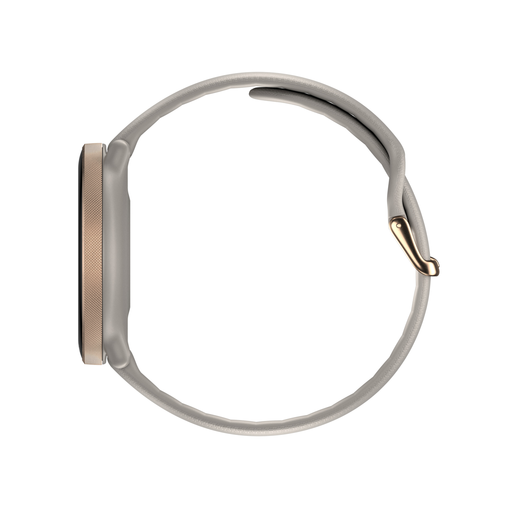 Szary smartwatch z klamrą w kolorze różowego złota na białym tle.